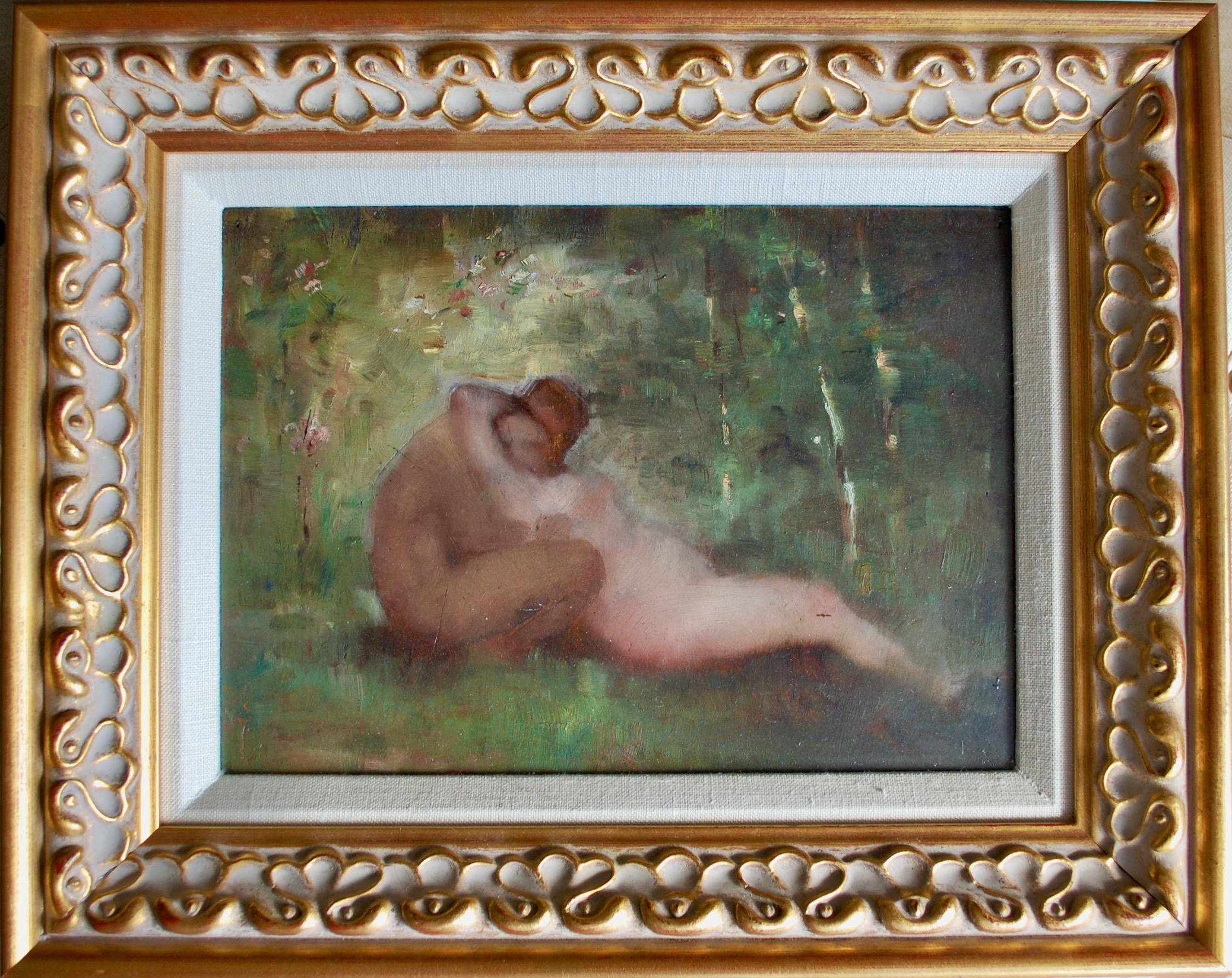 Nude Painting de Unknown - Una pareja abrazando figuras desnudas en el paisaje