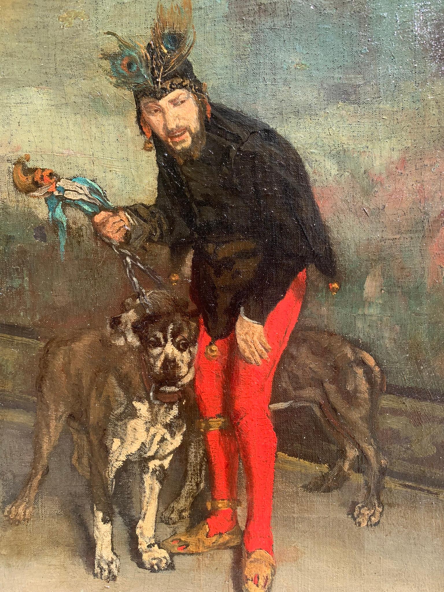 A court jester with dogs. Late 19th century. - Realist Painting by Unknown
