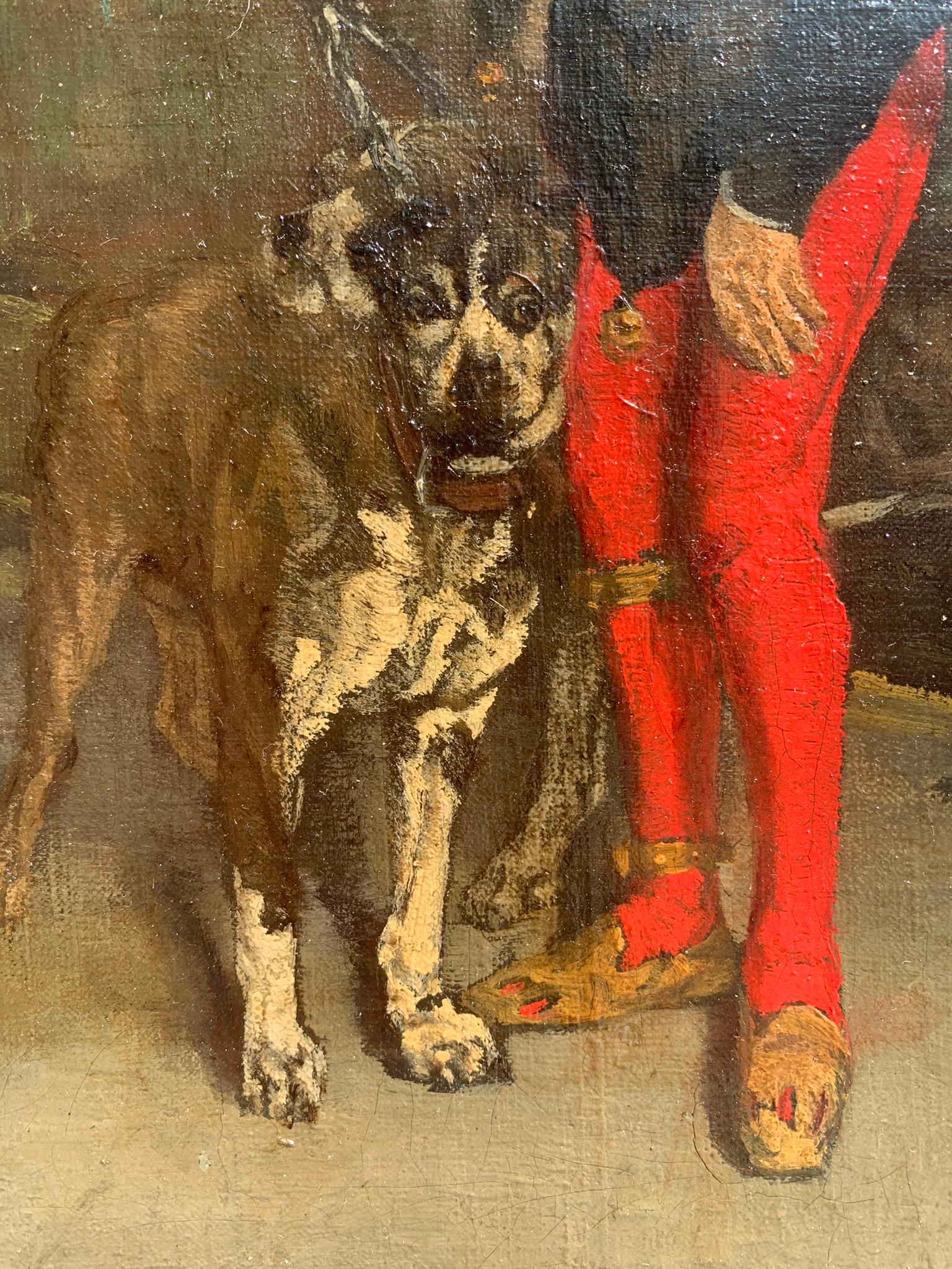 A court jester with dogs.
Late 19th century. 
French school painting. 
Technique: oil on canvas, original canvas.
The court jester, in the company of two dogs, richly dressed in red and black, holds a puppet with a jester's hat in turn. 
The