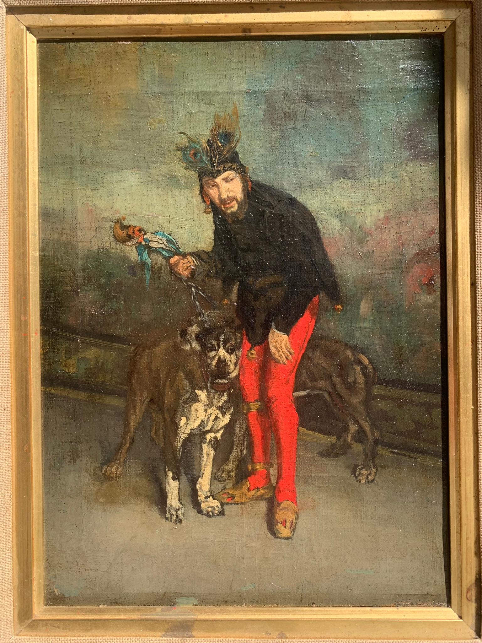 Unknown Figurative Painting - A court jester with dogs. Late 19th century.