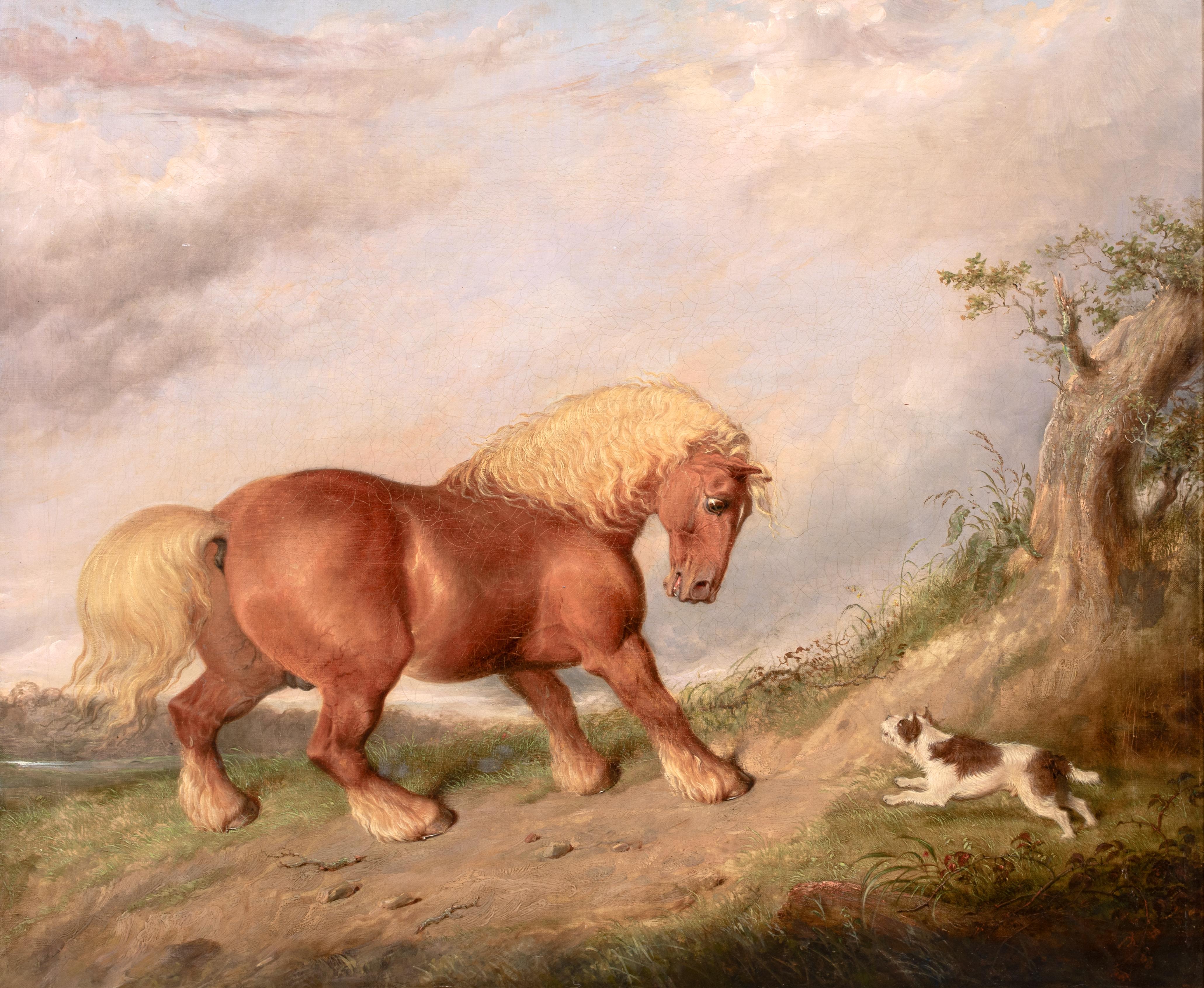 A Curios Encounter, Shire Horse & Terrier, circa 1800  circle Of George STUBBS - Beige Animal Painting by Unknown