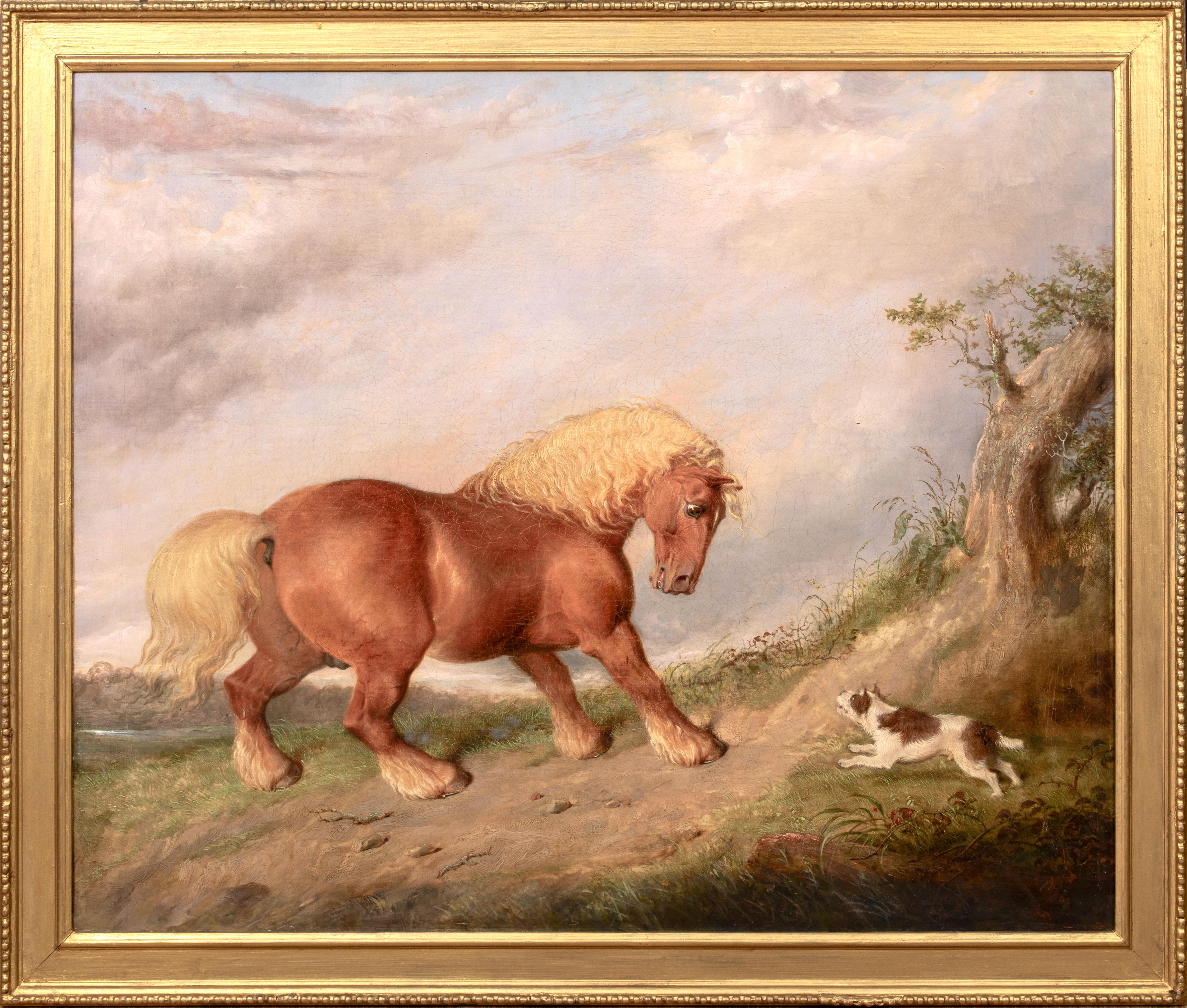 Unknown Animal Painting - A Curios Encounter, Shire Horse & Terrier, circa 1800  circle Of George STUBBS