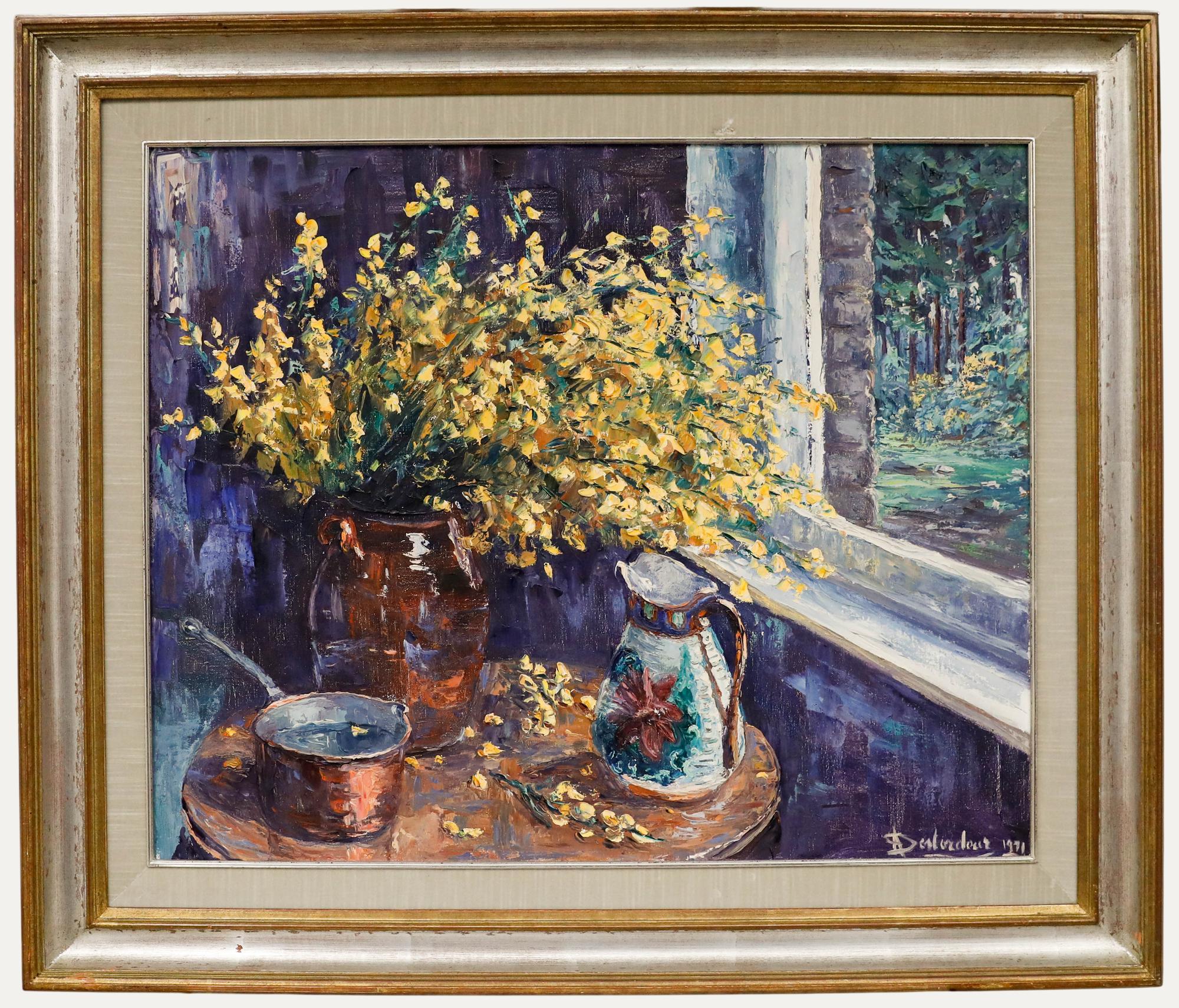 Unknown Still-Life Painting - A. Destordeur - Framed Mid 20th Century Oil, Flowers by the Window Sill