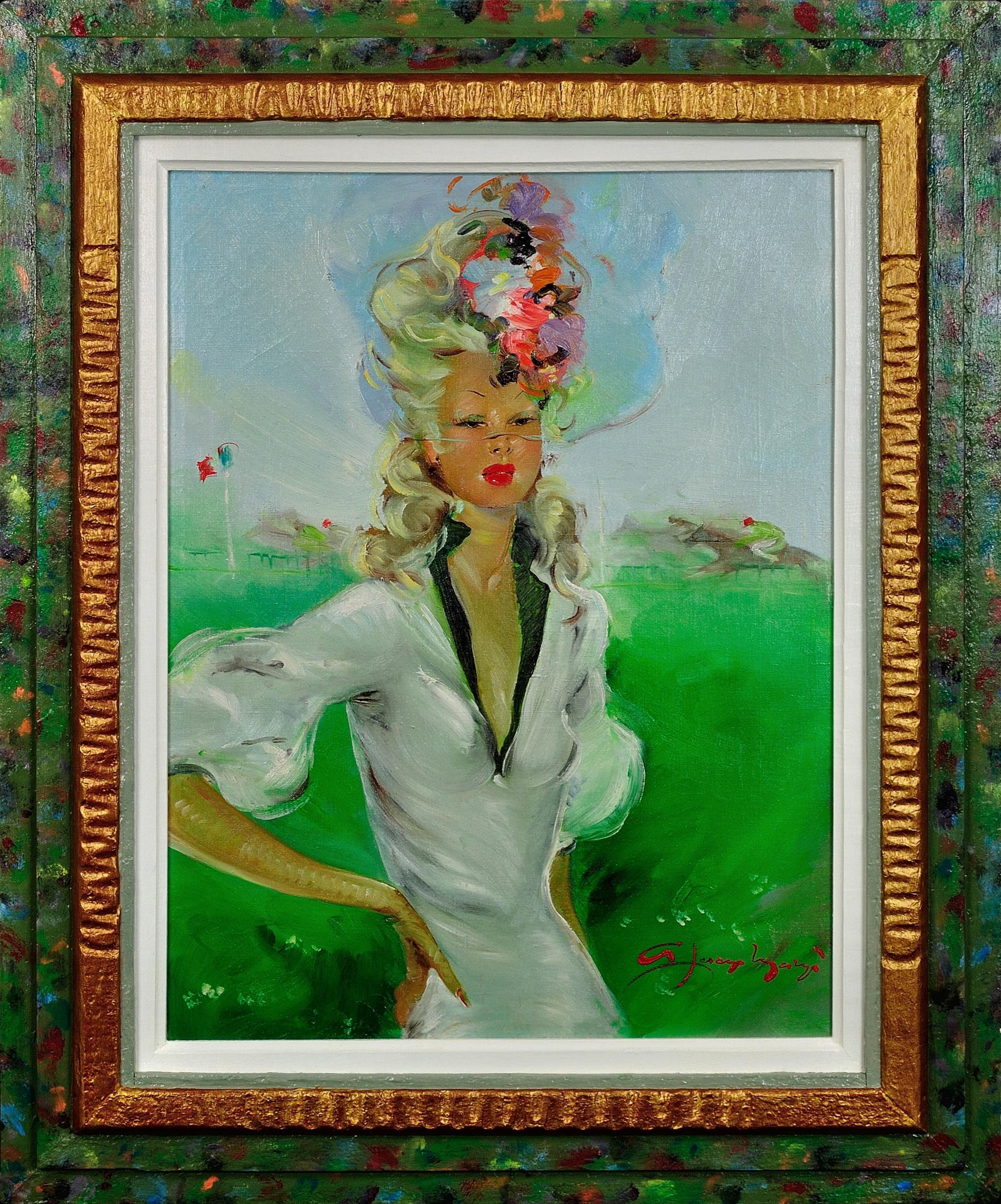 Unknown Animal Painting - A Fashionable Day At The Races Circa 1950s Paris Sophistication Oil Painting