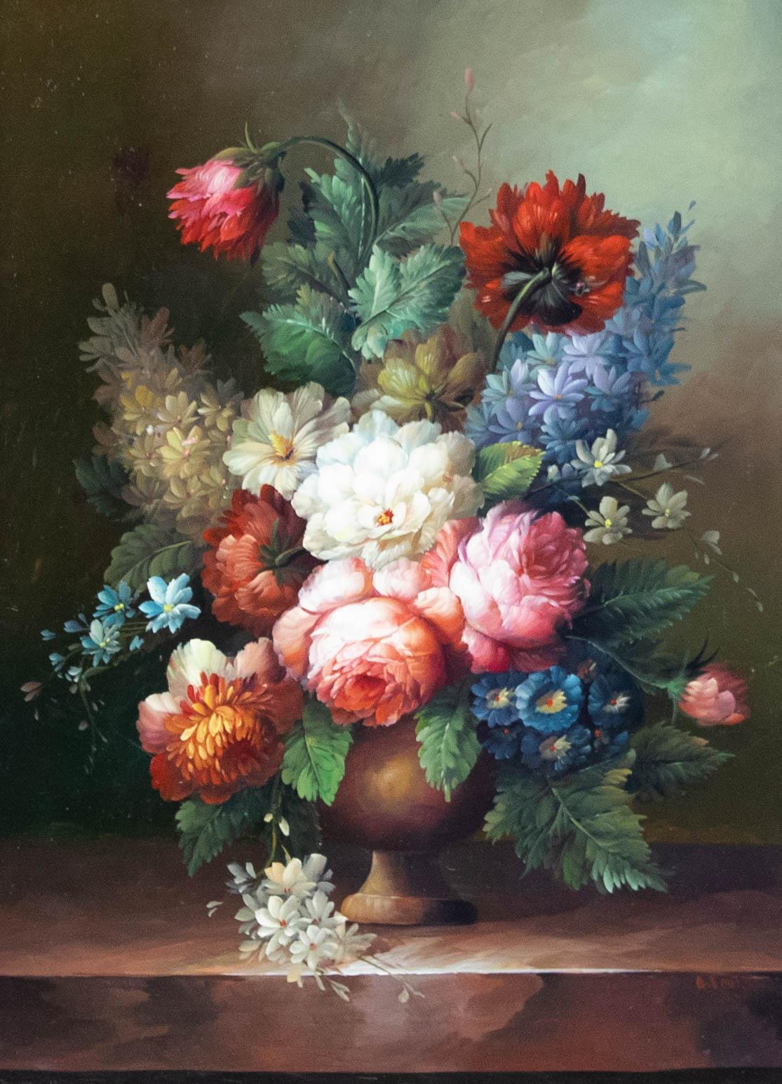 A. Fevre  - Framed 20th Century Oil, Still Life of Peonies & Delphiniums - Painting by Unknown