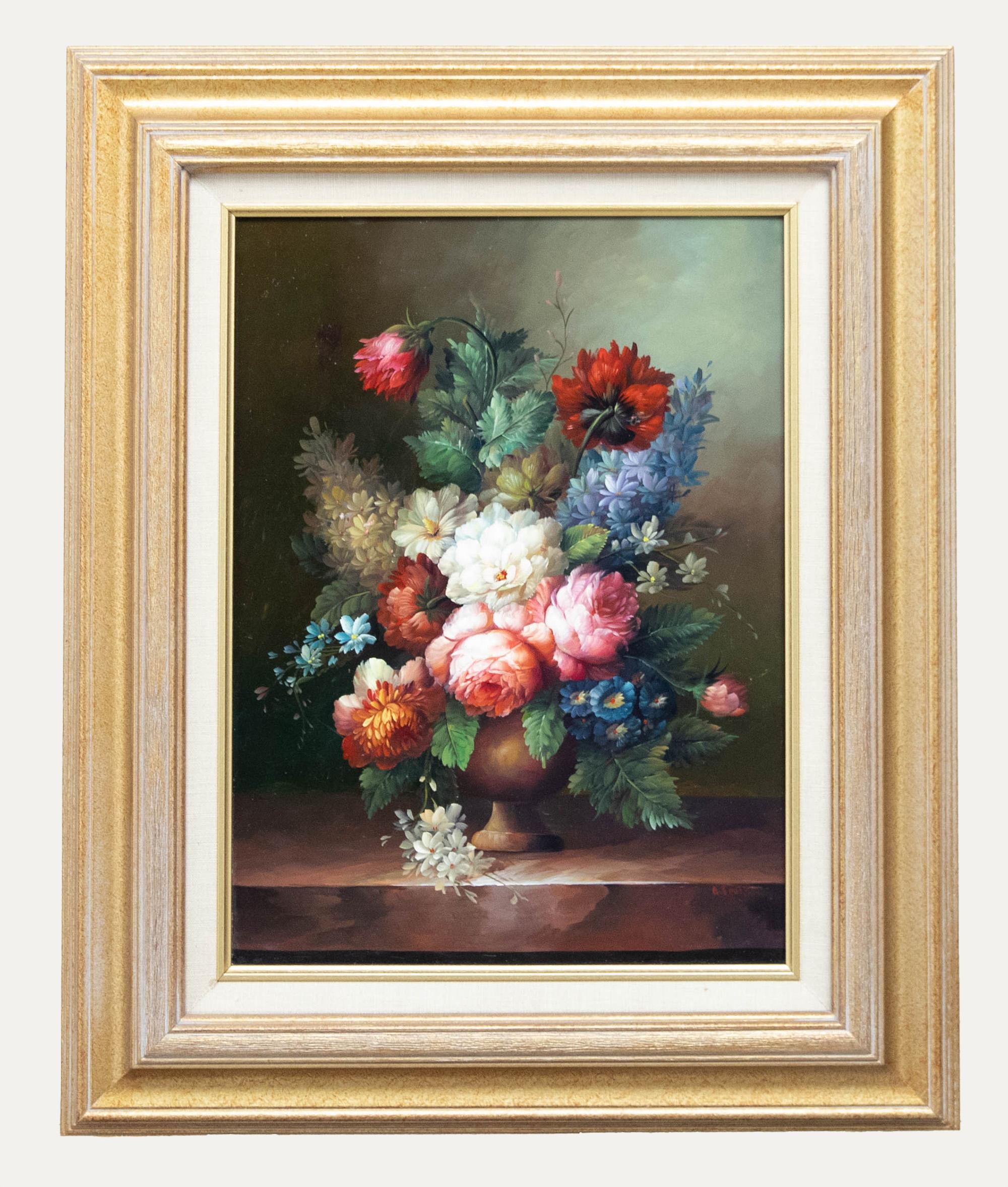 Unknown Still-Life Painting - A. Fevre  - Framed 20th Century Oil, Still Life of Peonies & Delphiniums
