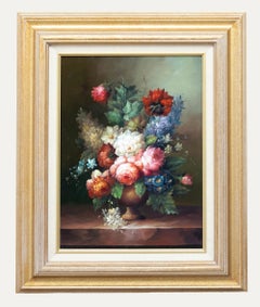 A. Fevre  - Huile encadrée du 20e siècle, Nature morte aux pivoines et aux delphiniums