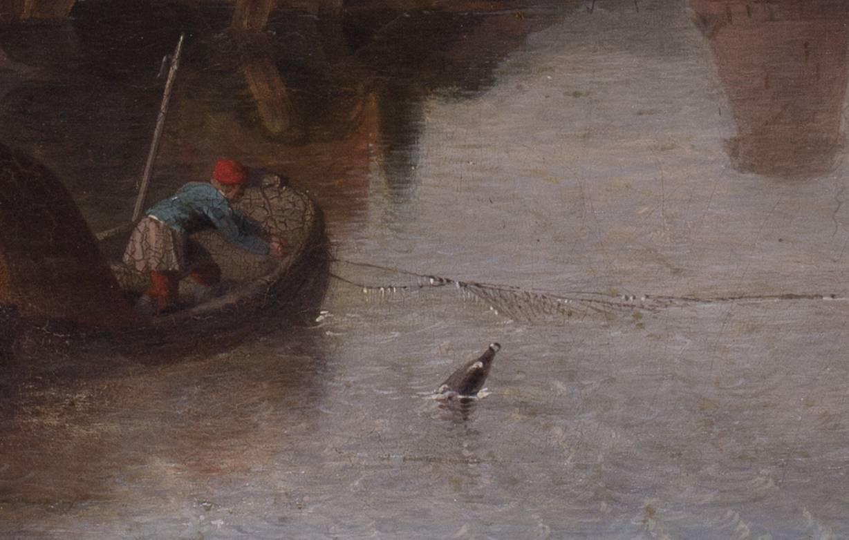 A fisherman before a windmill - Brown Figurative Painting by Unknown
