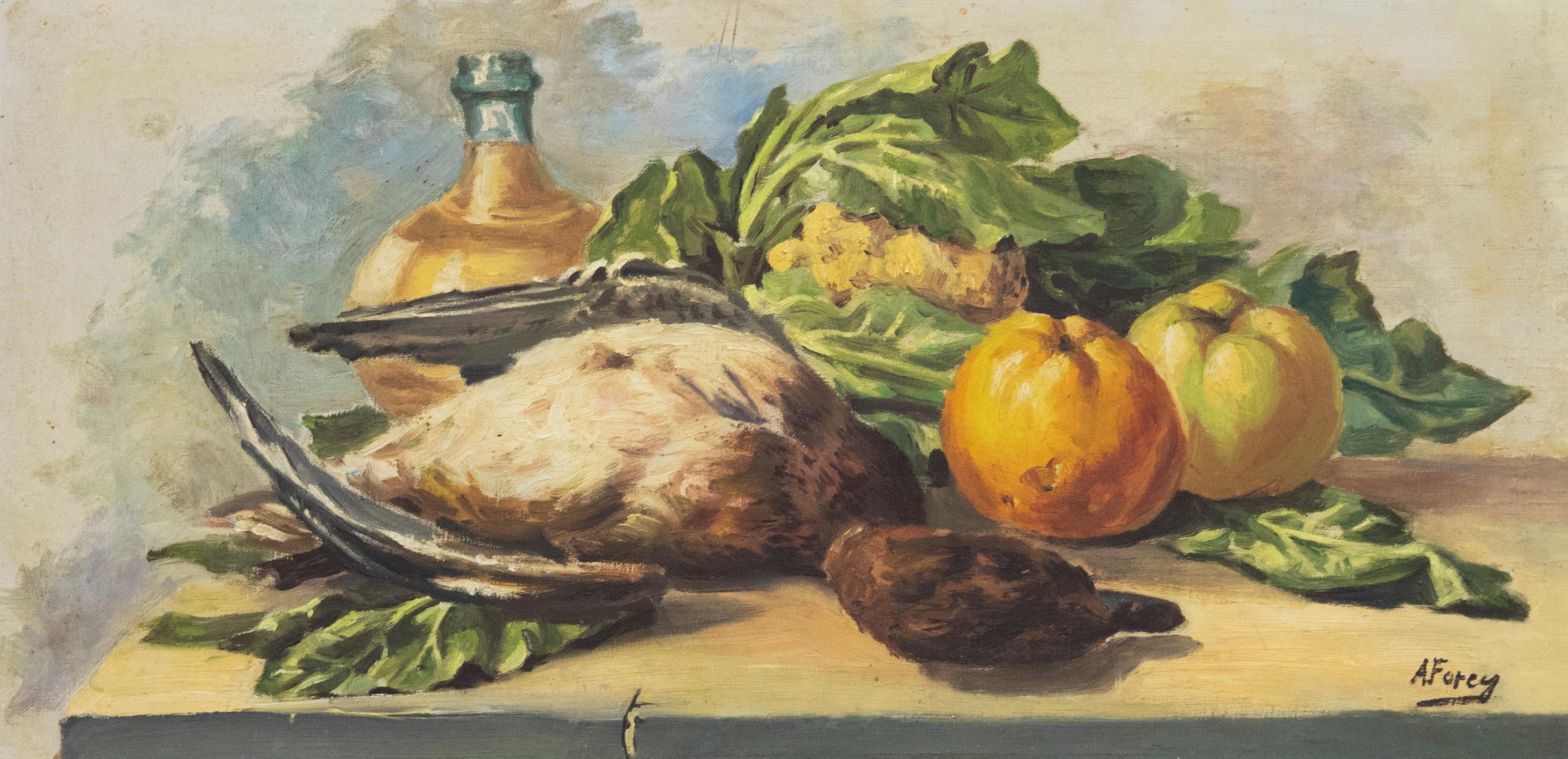 Unknown Still-Life Painting - A. Forey - Mid 20th Century Oil, Still Life with Bird