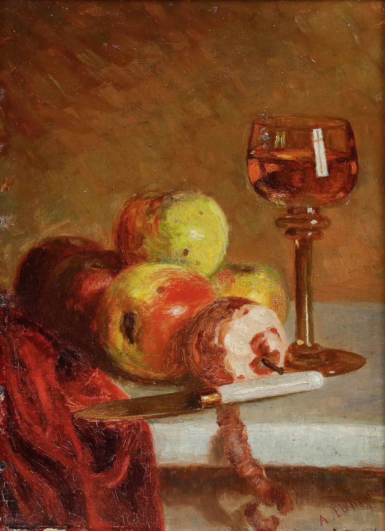 A. Fuhrmann - Framed Early 20th Century Oil, Still Life of Apples & A Wine Glass - Painting by Unknown