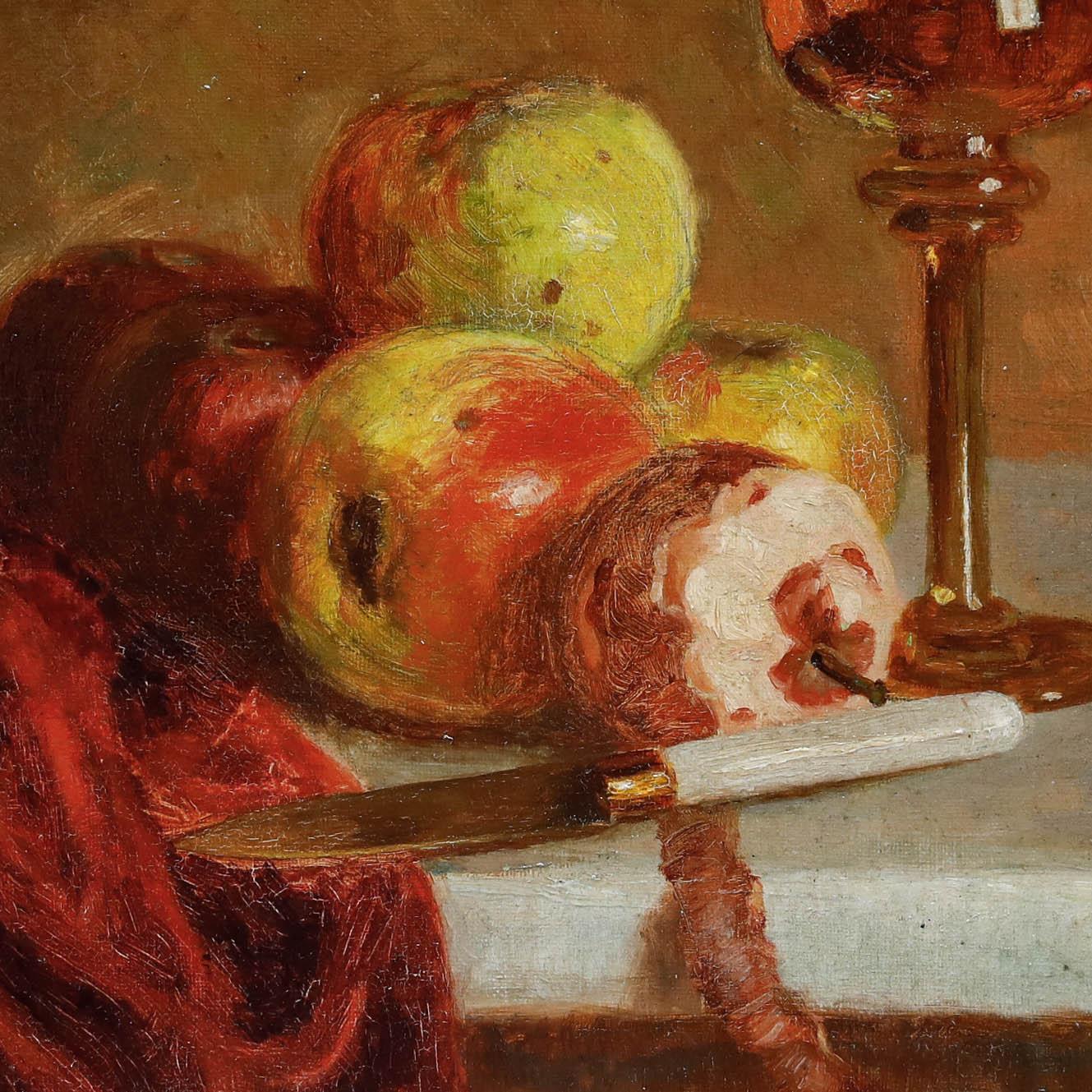A. Fuhrmann - Framed Early 20th Century Oil, Still Life of Apples & A Wine Glass For Sale 1