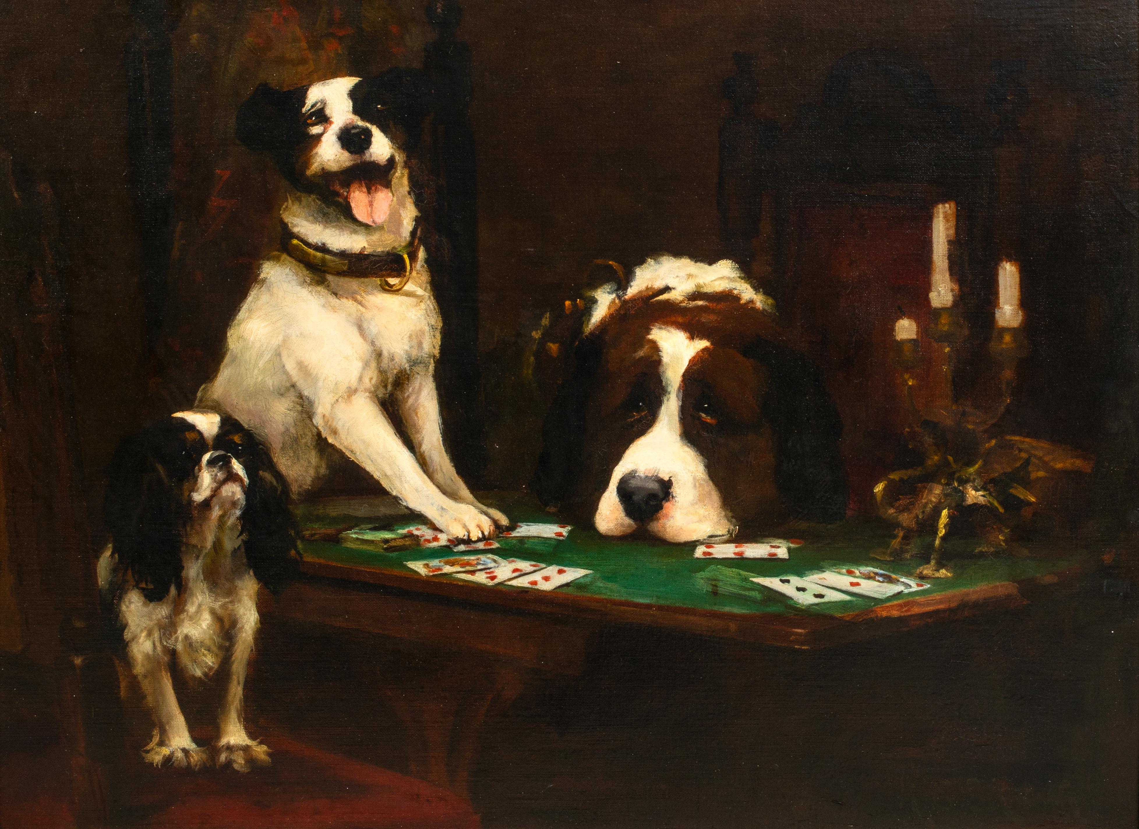 A Game Of Cards, 19th Century 

by Henry George Sharp (1834-1900)

Large 19th Century interior scene of a St Bernard, Jack Russell Terrier and a King Charles Spaniel at a cards table, oil on canvas. Superb quality and condition scene presented in a