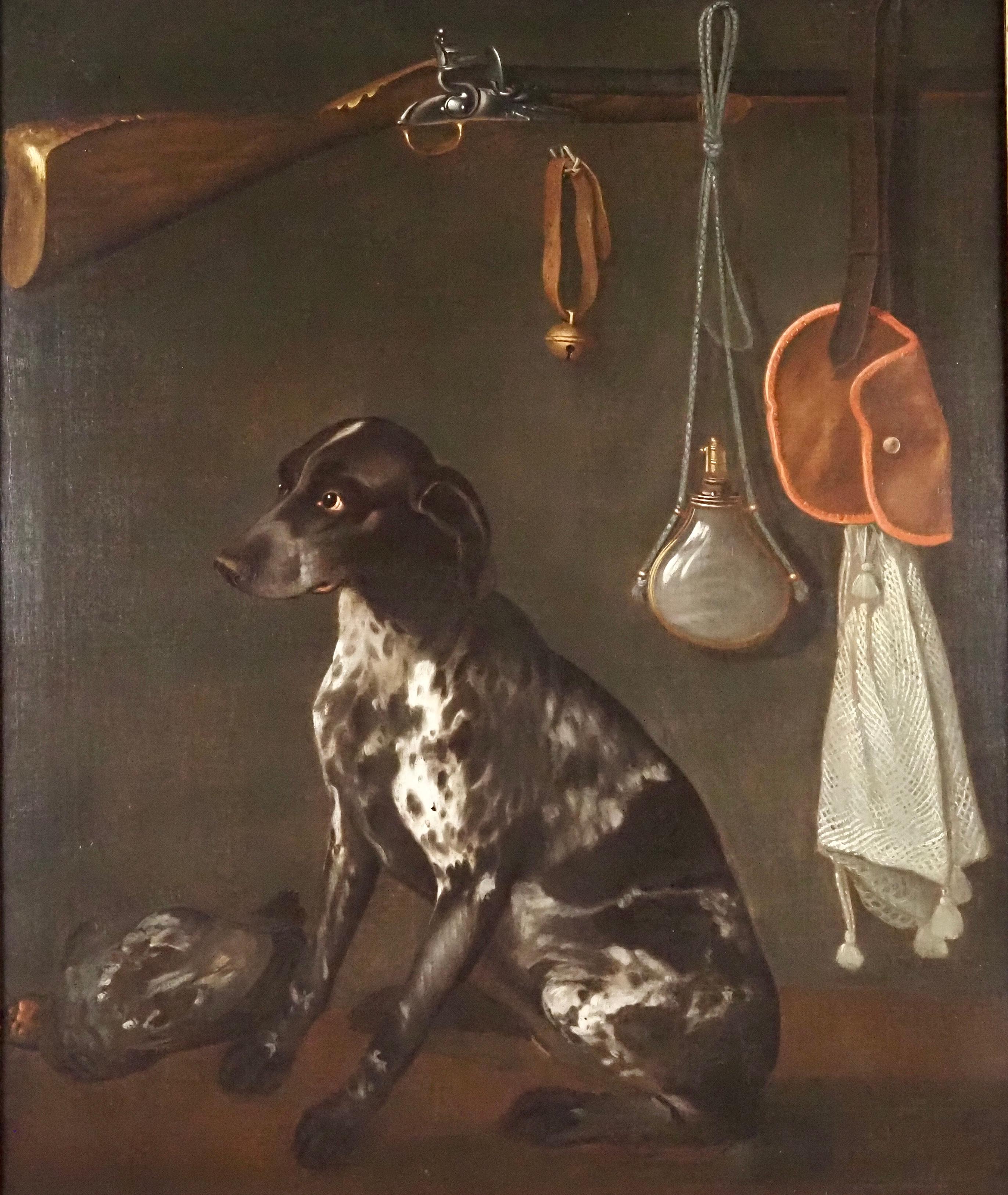A German Pointer with hunting Equipment - Painting by Unknown