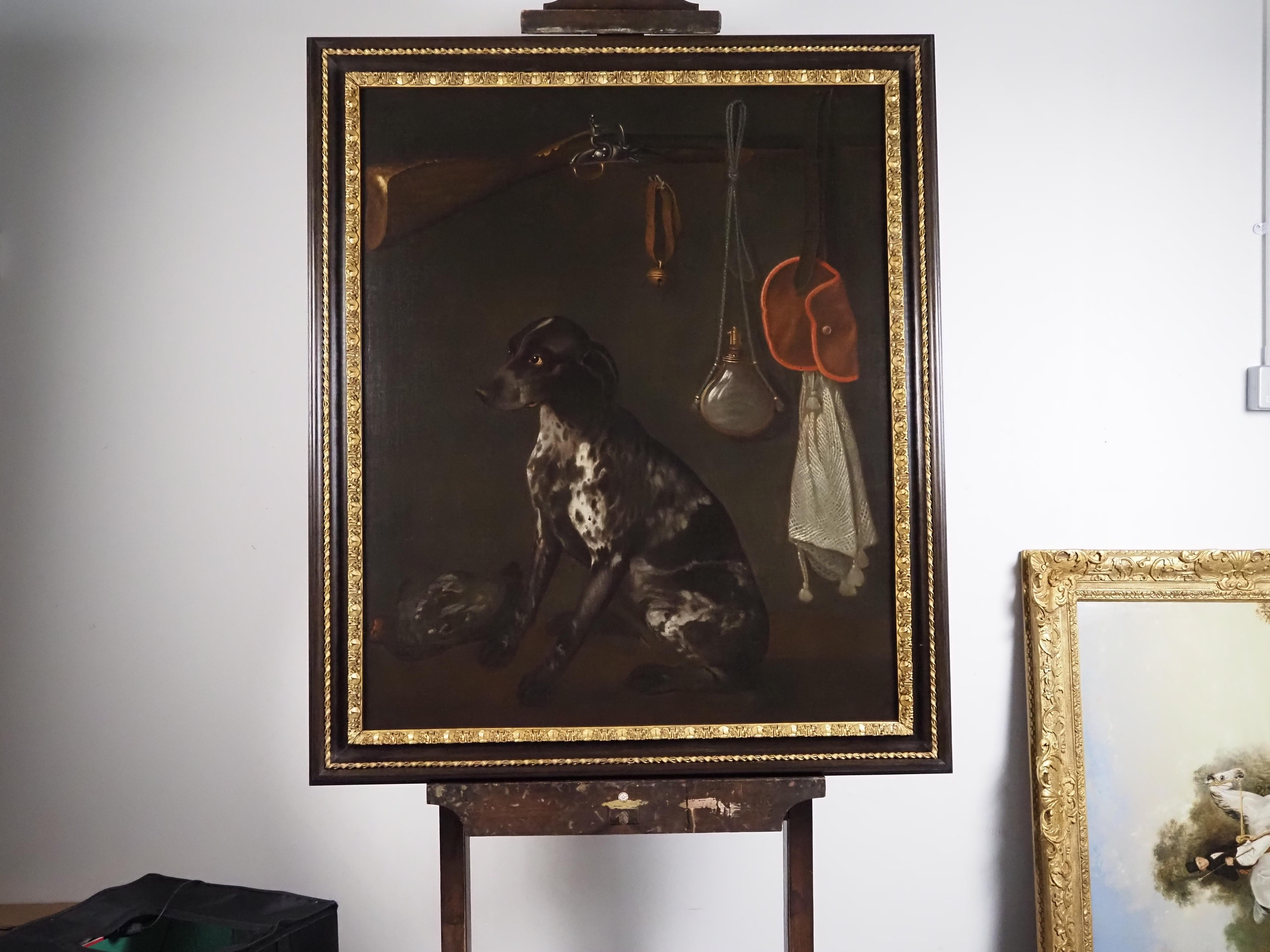 A German Pointer with hunting Equipment - Old Masters Painting by Unknown