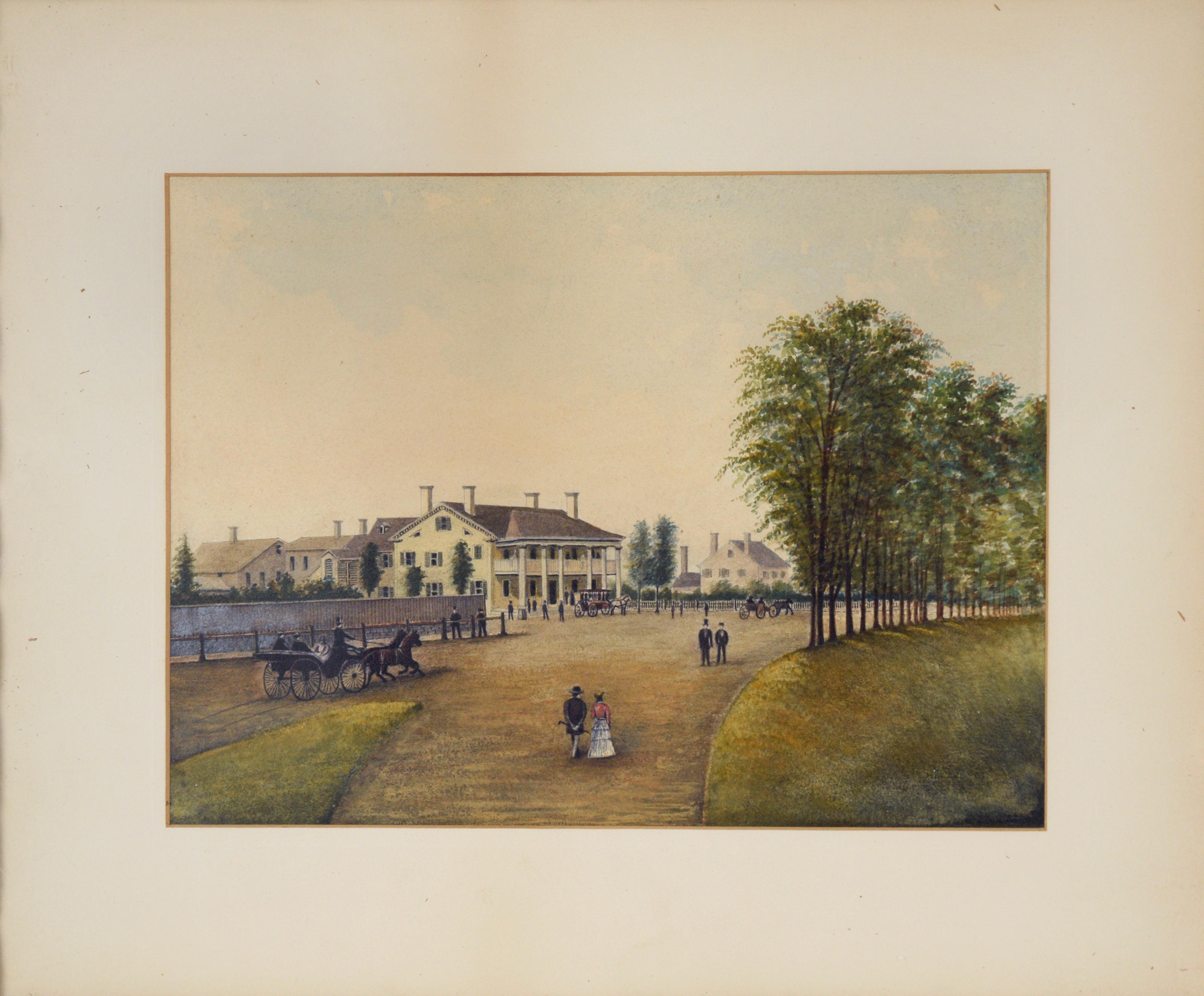 A Governor’s Mansion - Countryside Couple - Original Watercolor on Paper 1860s - Painting by Unknown