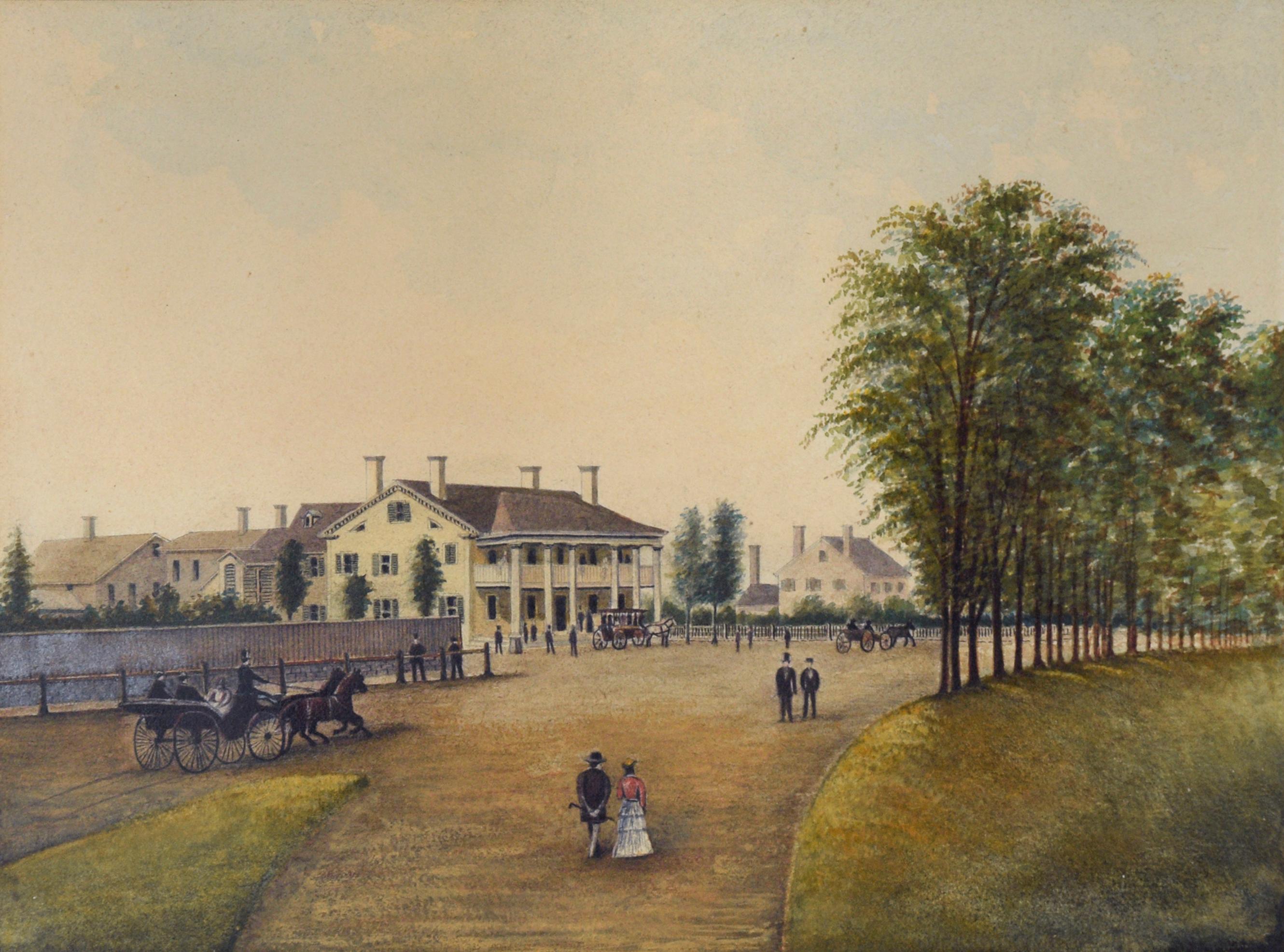 A Governor’s Mansion - Countryside Couple - Original Watercolor on Paper 1860s - American Impressionist Painting by Unknown