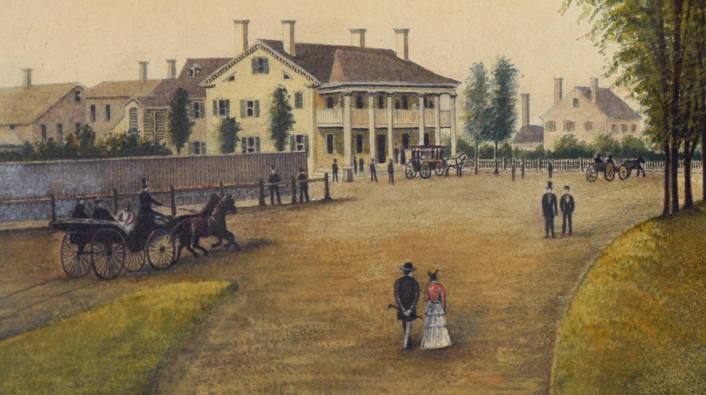 A Governor’s Mansion - Countryside Couple - Original Watercolor on Paper 1860s

Governor’s Mansion during the Civil Water. A watercolor painting depicting horse carriages and distinguished guests, a dressed up man and woman walking along a