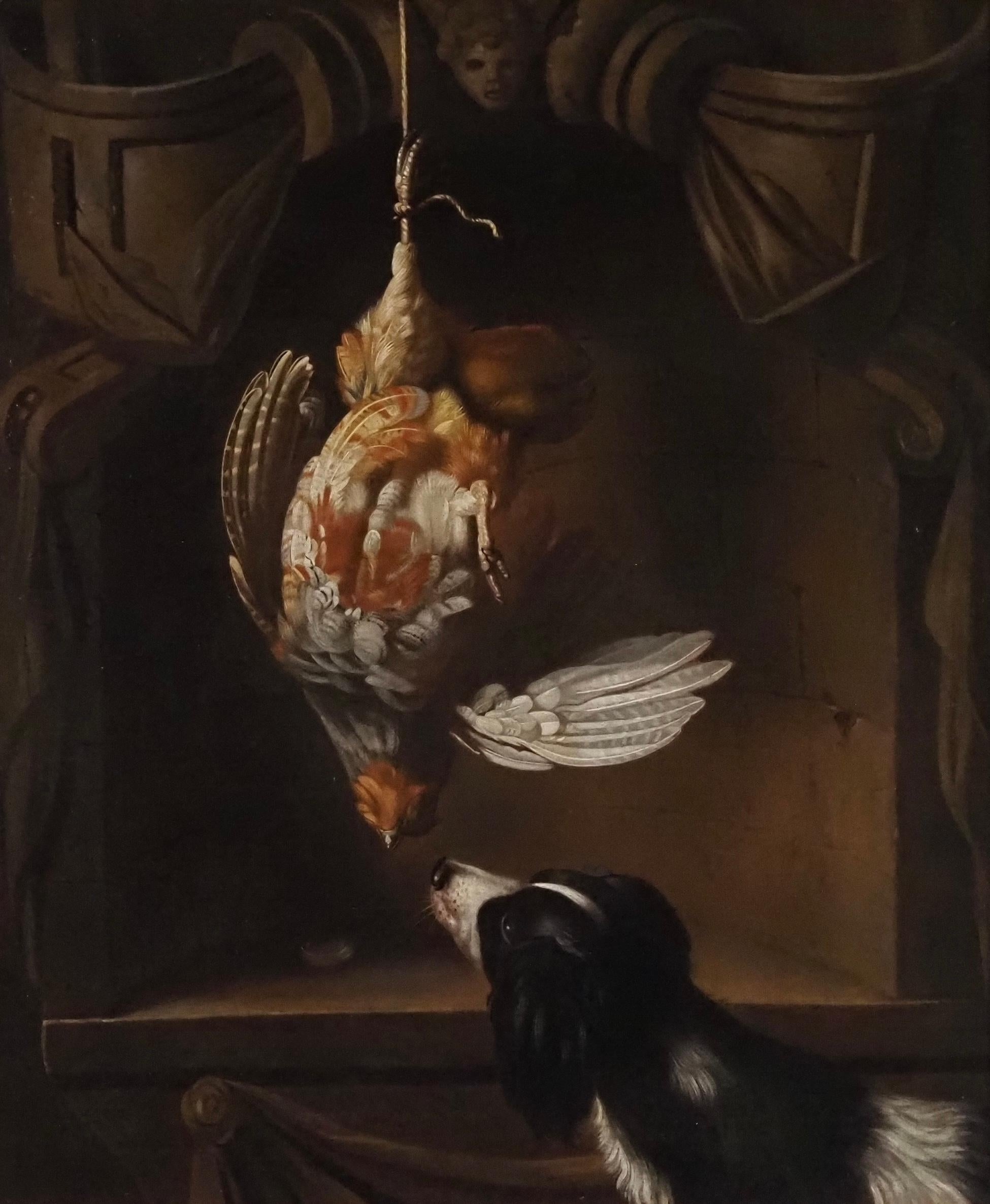 A hanging Partridge in a sculpted cartouche, a spaniel below - Painting by Unknown