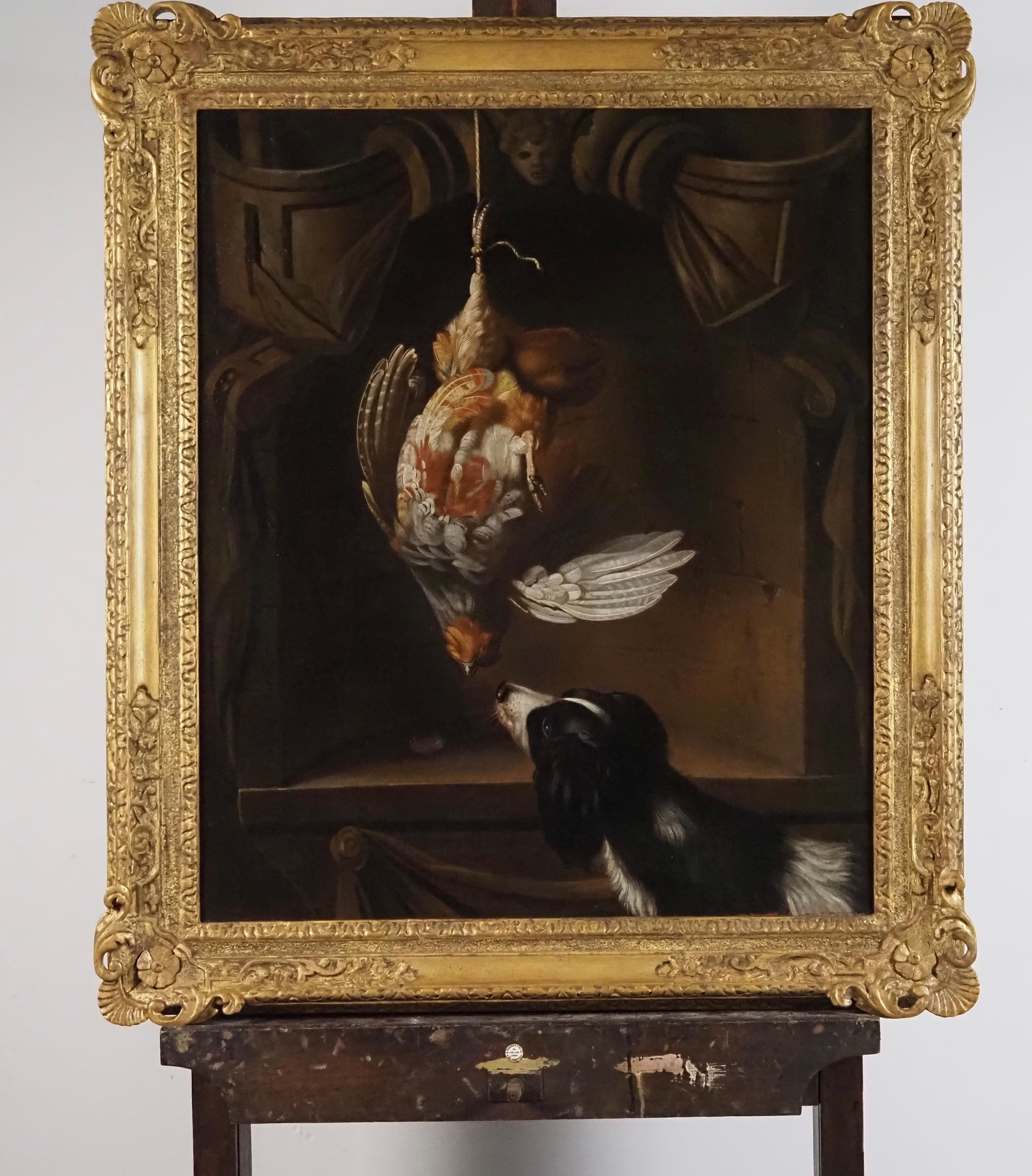 A hanging Partridge in a sculpted cartouche, a spaniel below - Old Masters Painting by Unknown