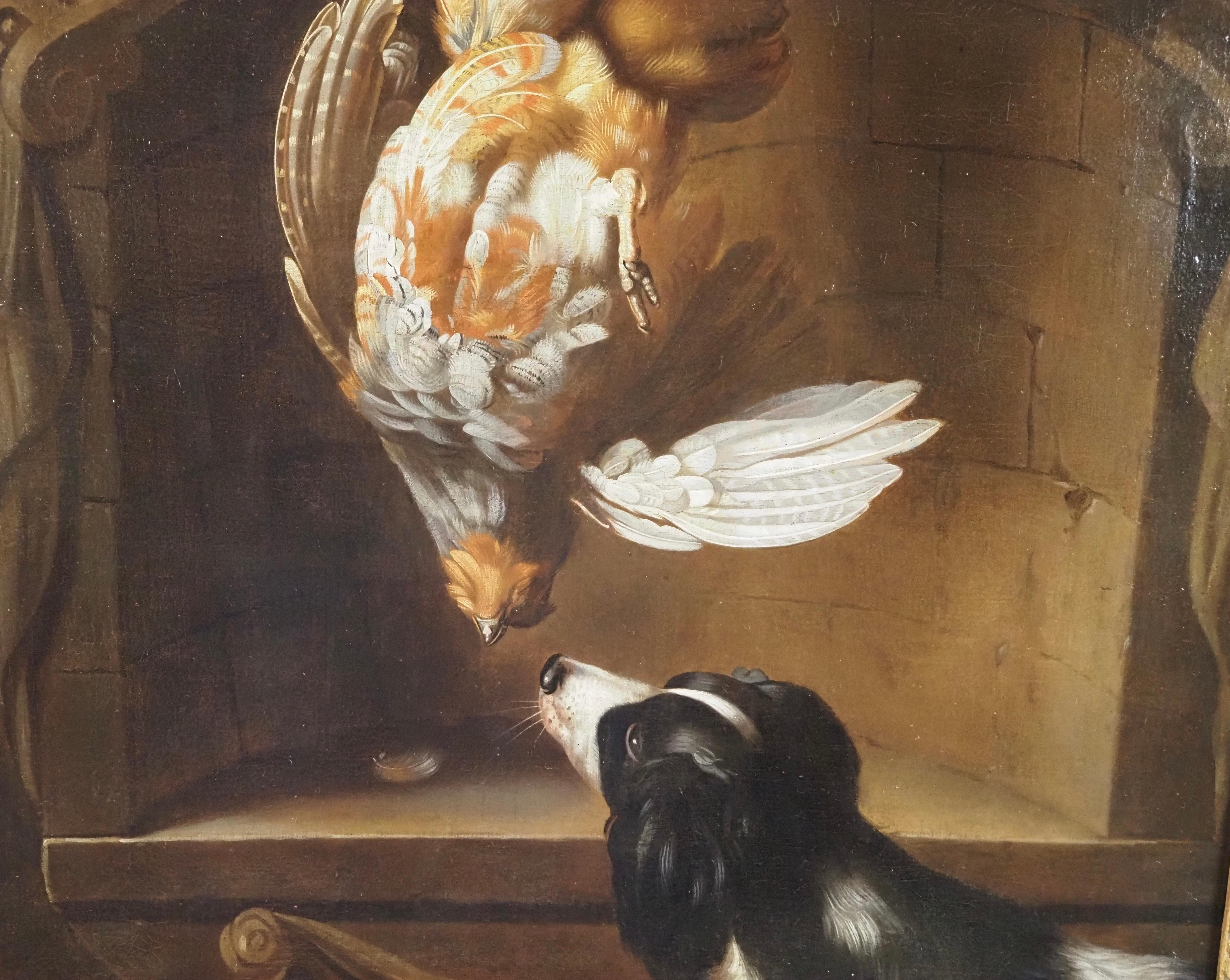 English School, 18th century
A hanging Partridge in a sculpted cartouche, a spaniel below
Oil on canvas
Canvas size - 30 x 25 in
Framed size - 36 x 31 in
