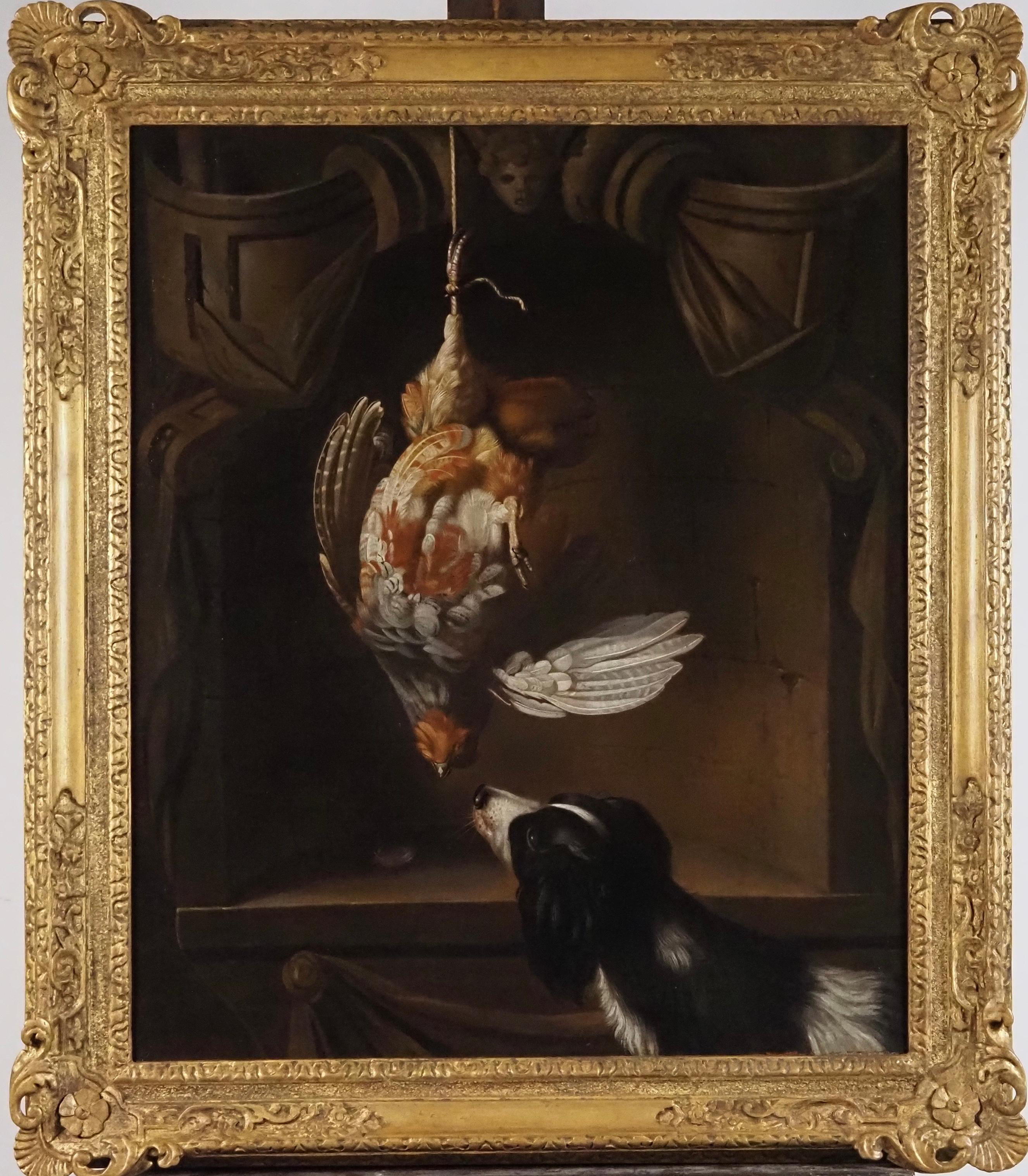 Unknown Still-Life Painting - A hanging Partridge in a sculpted cartouche, a spaniel below