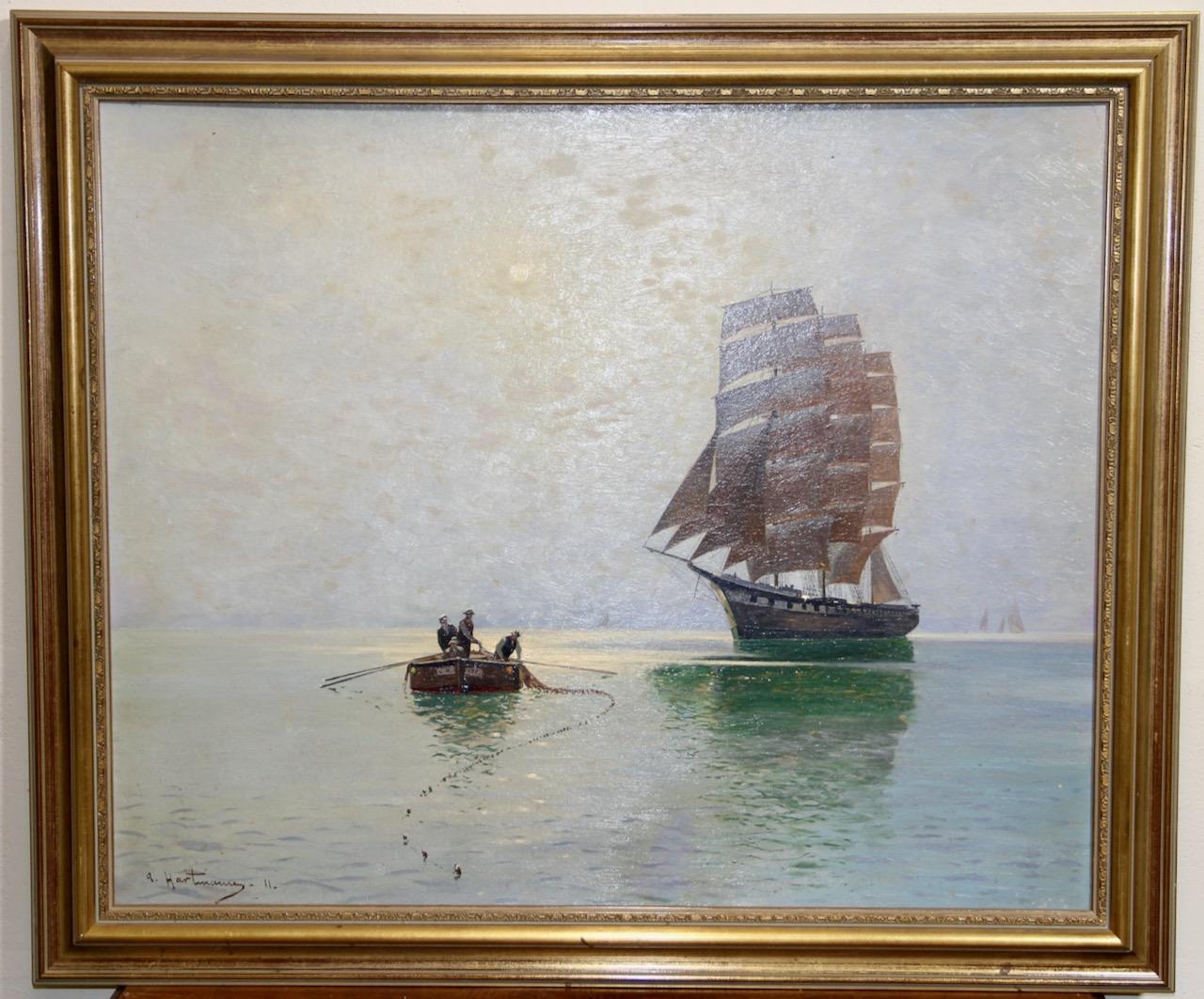 Decorative oil painting, fishing boat and sailing ship.

Dimensions with frame in cm 81 x 96