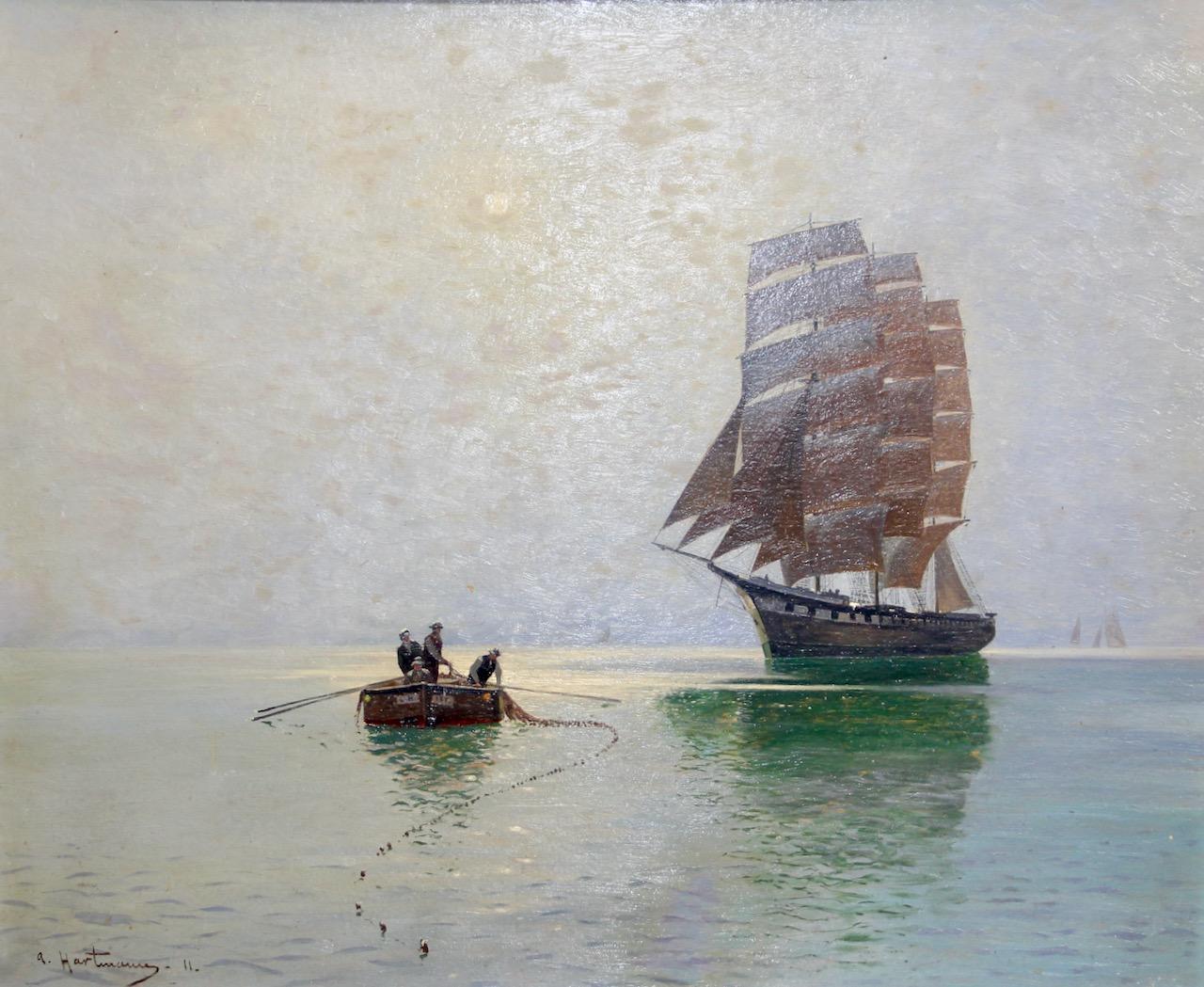 Unknown Figurative Painting - A. Hartmann, Decorative oil painting, fishing boat and sailing ship. 