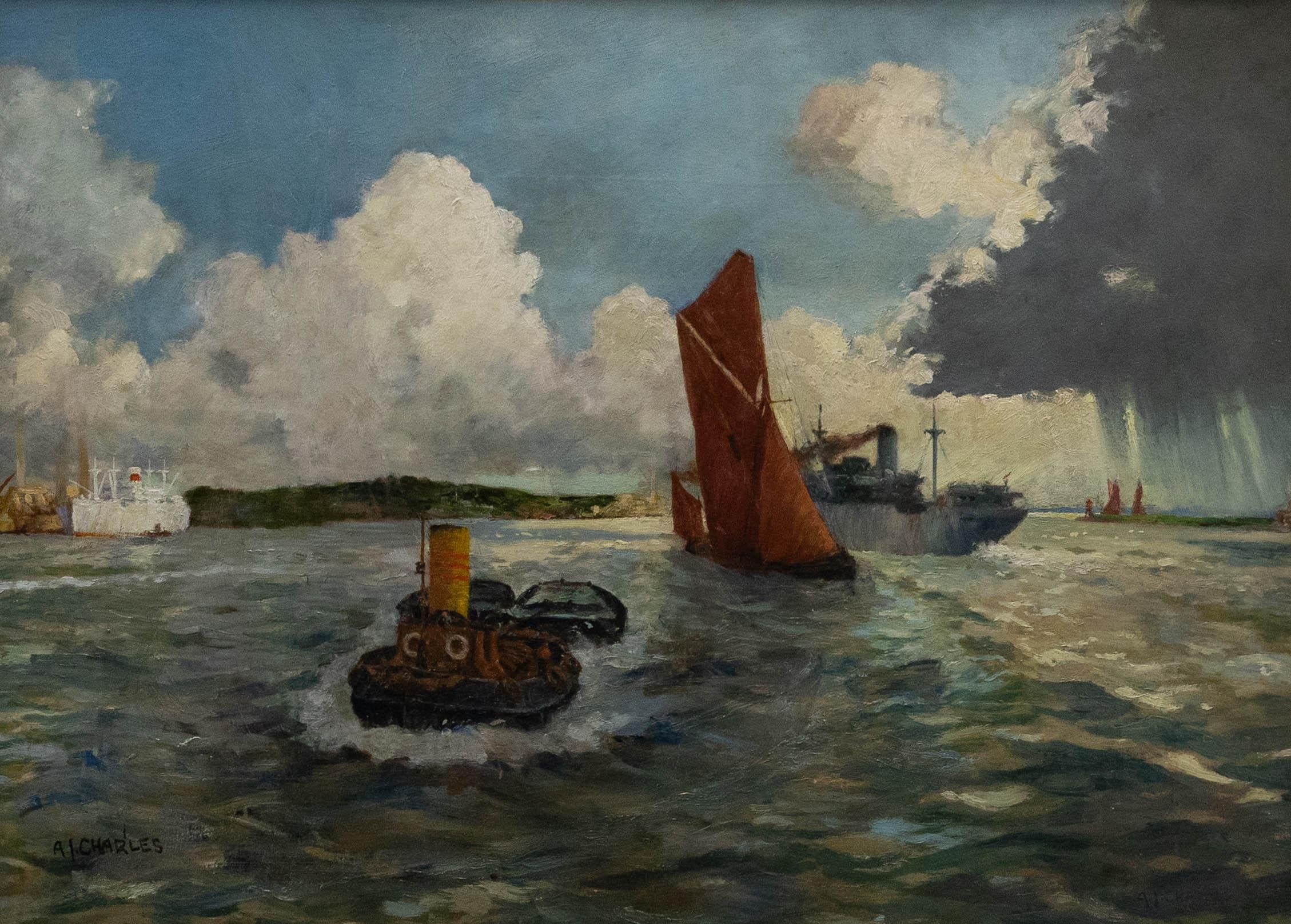 A. I. Charles - Framed 20th Century Oil, Tug Towing Two Barges - Painting by Unknown