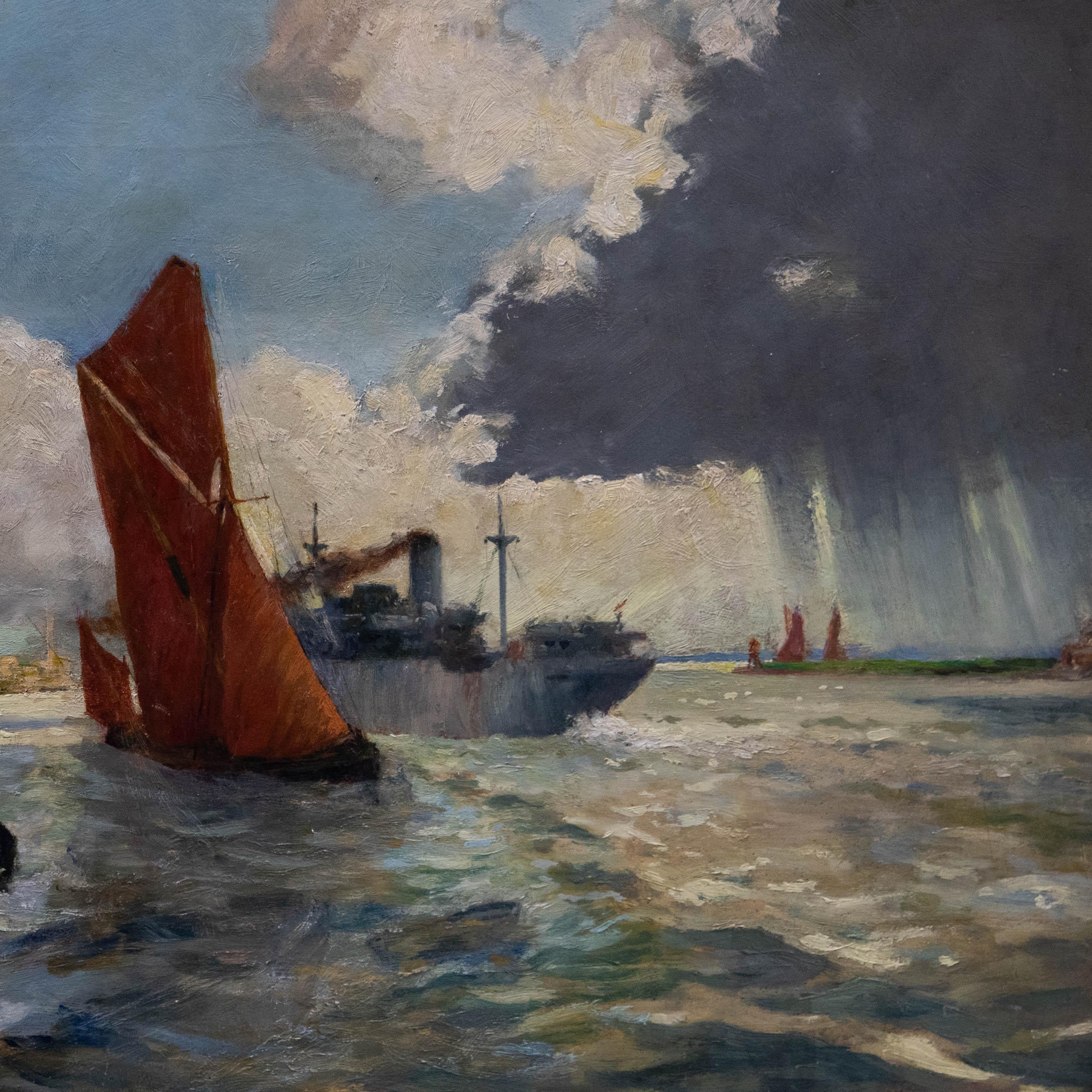 A. I. Charles - Framed 20th Century Oil, Tug Towing Two Barges For Sale 1
