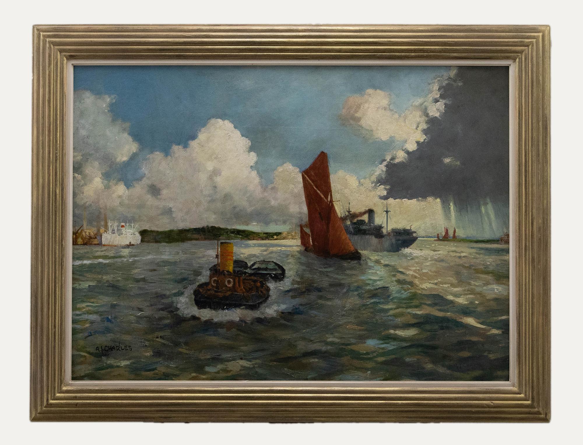 Unknown Figurative Painting - A. I. Charles - Framed 20th Century Oil, Tug Towing Two Barges