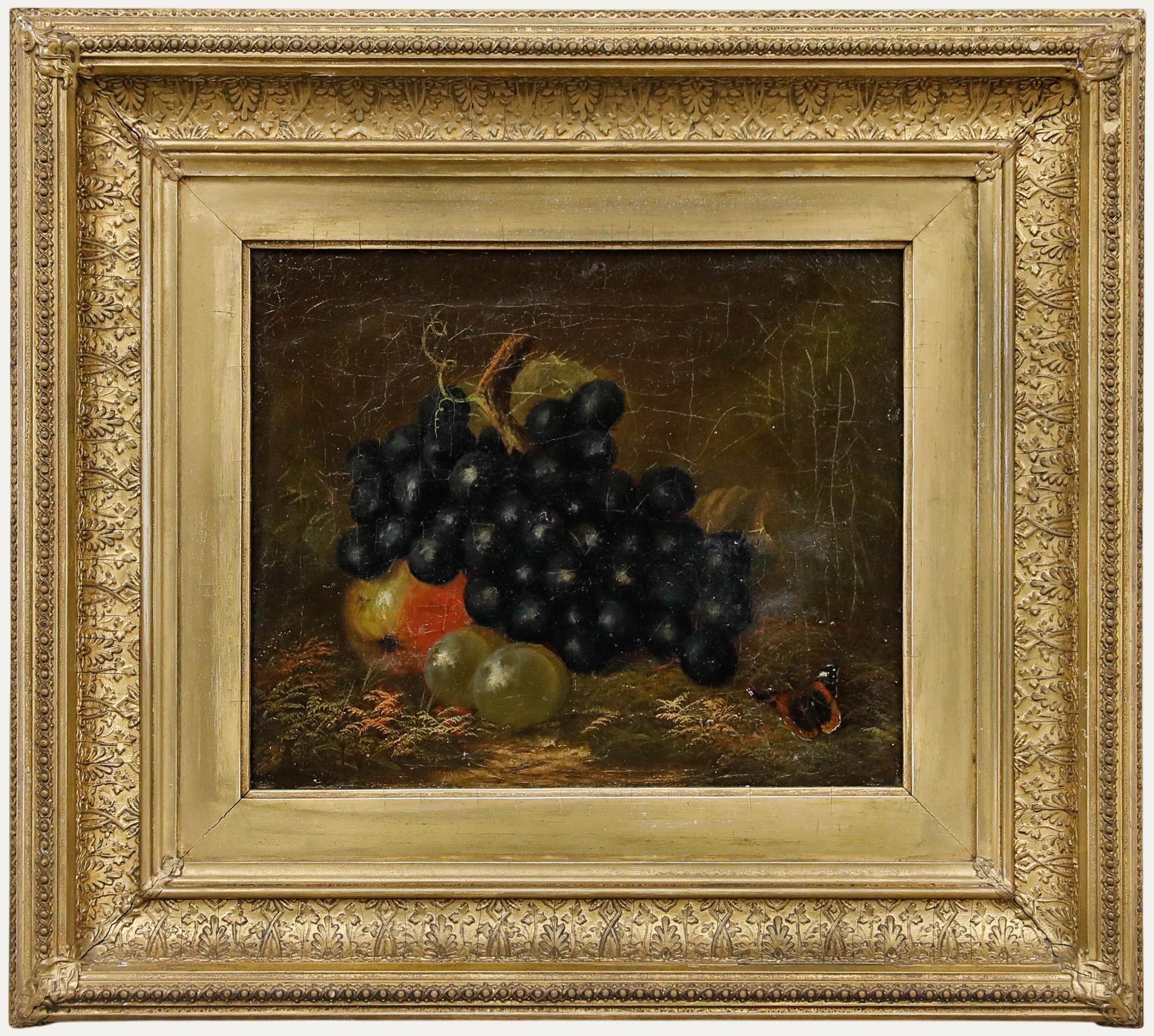 Unknown Still-Life Painting – A. Kinsley - Gerahmtes Öl aus dem Jahr 1879, Früchte im Blattwerk