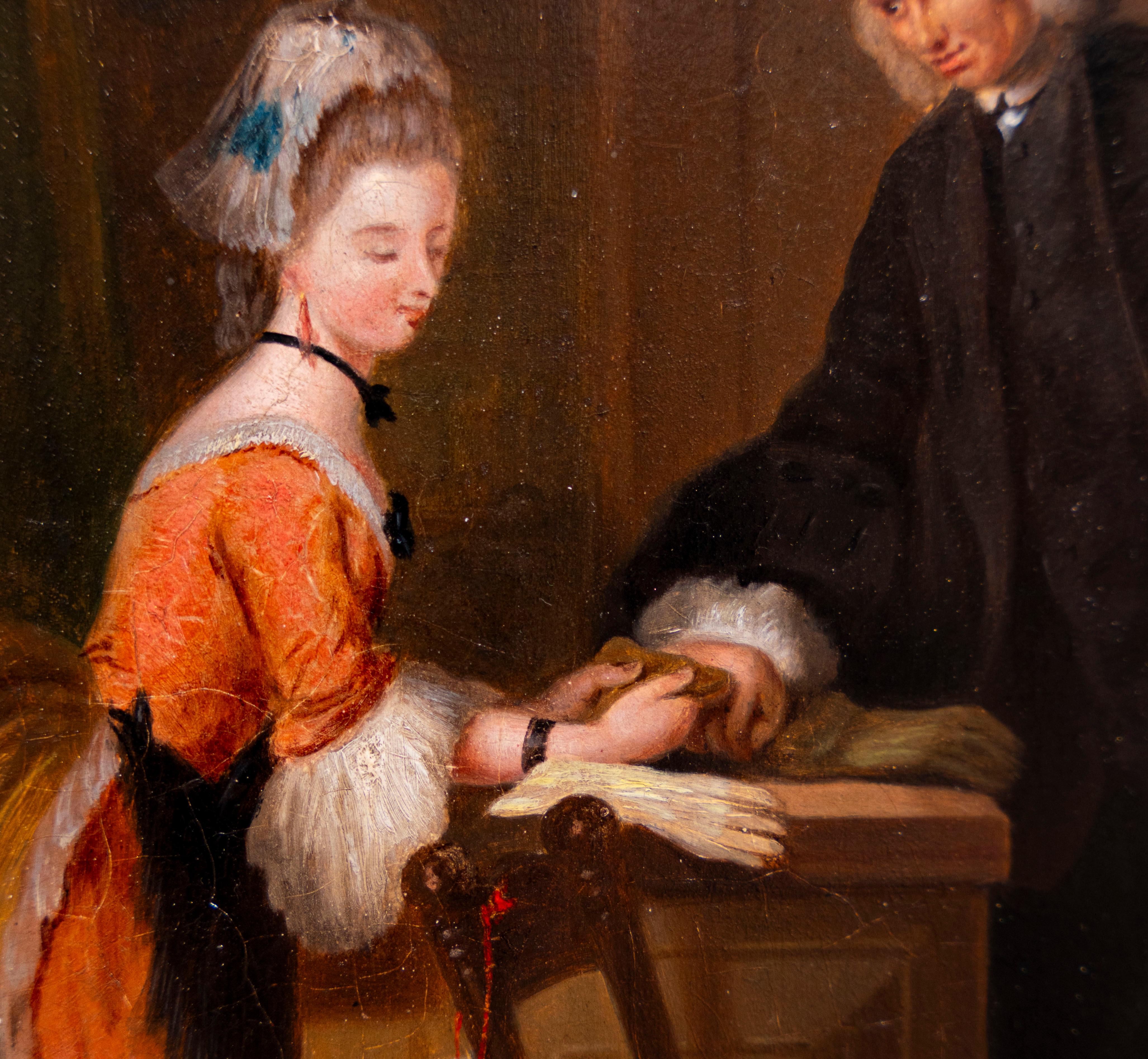 Eine Dame im Gespräch mit einem Handschuh. Ölgemälde auf Karton, 19. Jahrhundert. English School – Painting von Unknown
