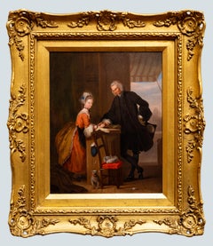 Una signora in conversazione con un guanto. Olio su tavola del XIX secolo. English School