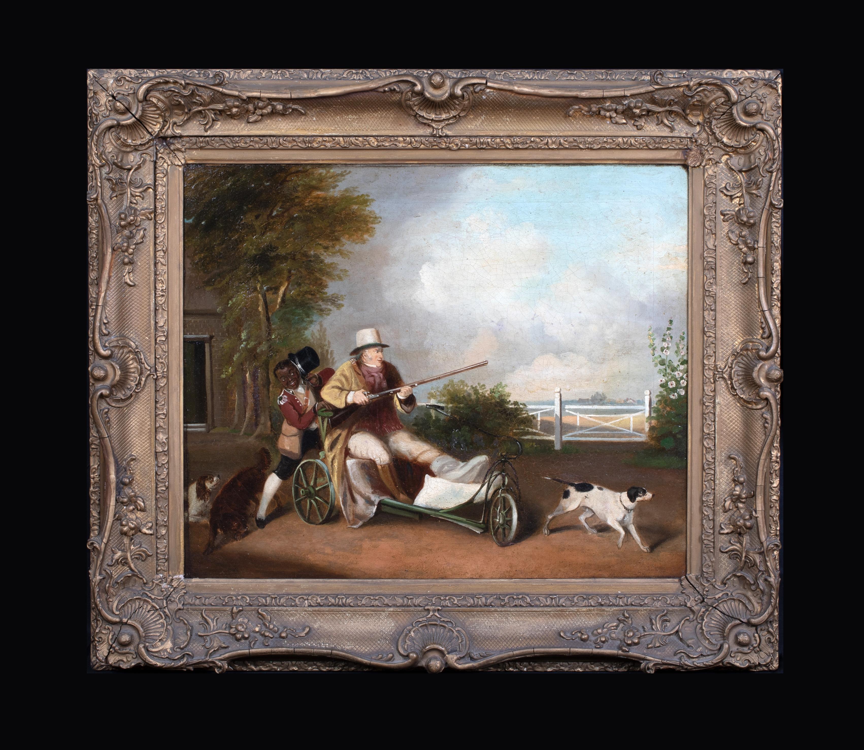 A Landowner, Servant & Dogs - Before the Hunt, 19th Century  - Gray Portrait Painting by Unknown