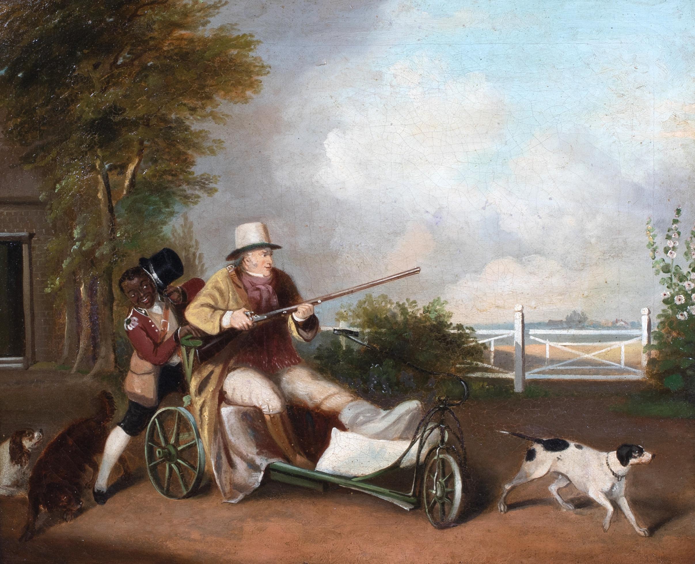 Unknown Portrait Painting - A Landowner, Servant & Dogs - Before the Hunt, 19th Century 