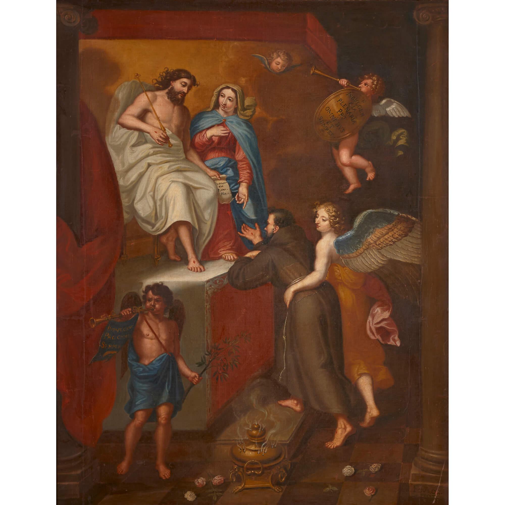 A large antique Christian painting of the vision of Saint Francis - Painting by Unknown