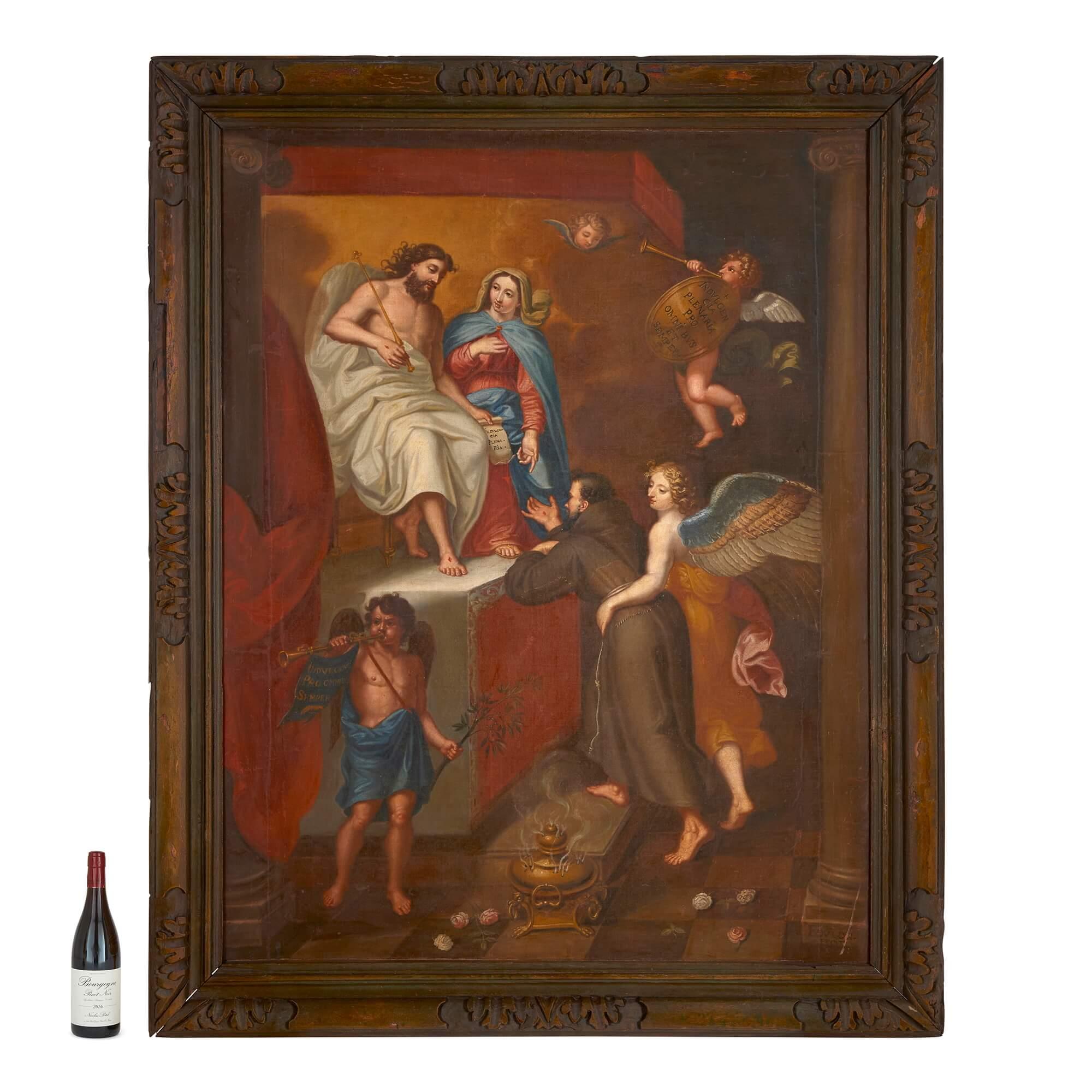 A large antique Christian painting of the vision of Saint Francis For Sale 5