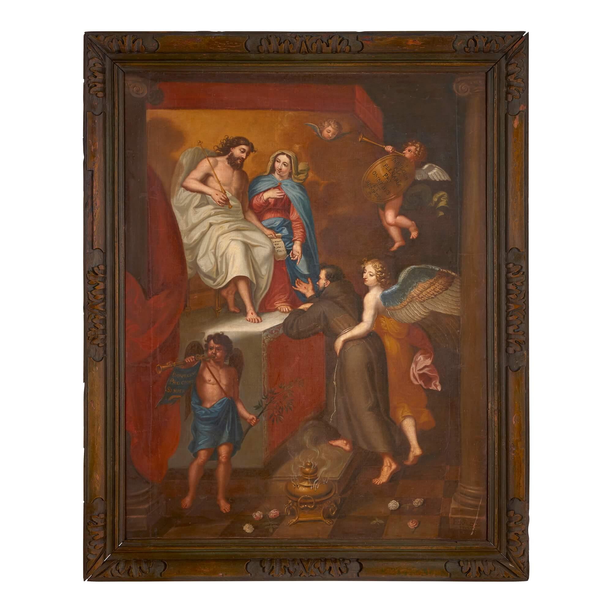 Unknown Figurative Painting - A large antique Christian painting of the vision of Saint Francis