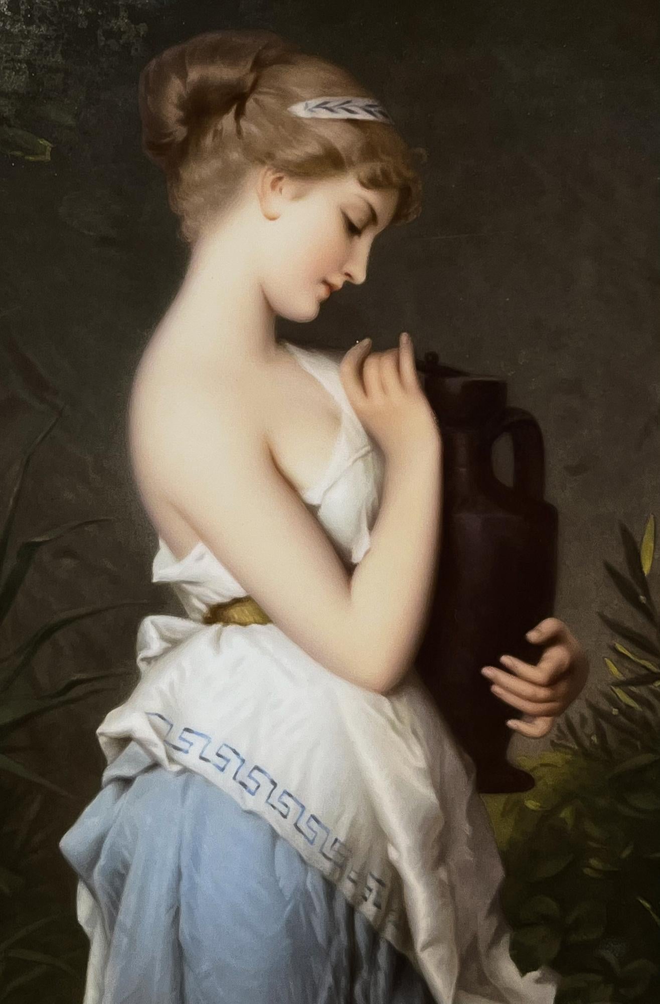 A largeKPM painted porcelain plaque depicting a Psyche holding a Lekythos. The lush and overgrown dark forrest envelops the background of composition, surrounding a bright female figure wearing robes containing the Greek key pattern at the center. 