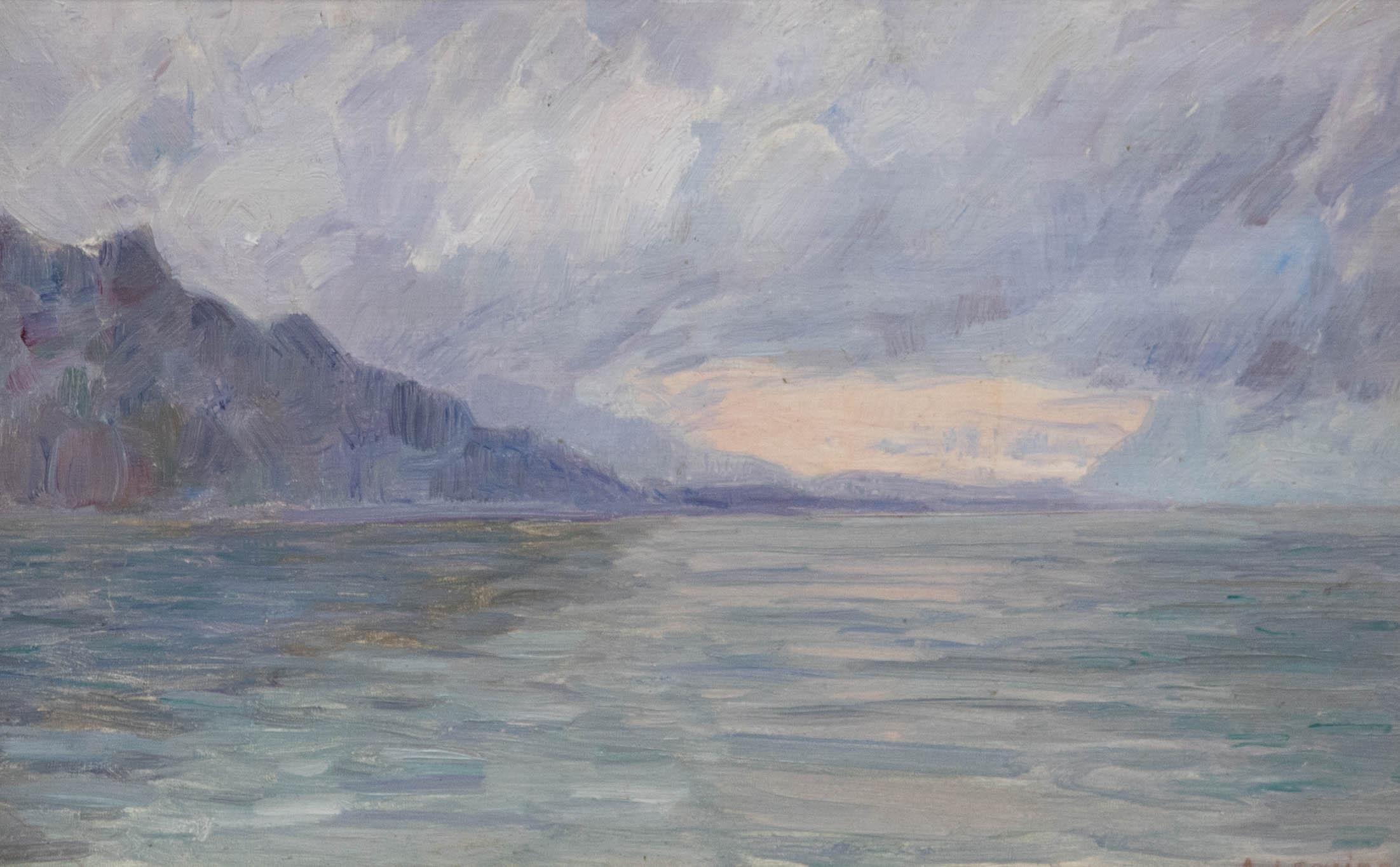 A. Lemaire - Milieu du XXe siècle Huile, Coucher de soleil sur le lac - Painting de Unknown