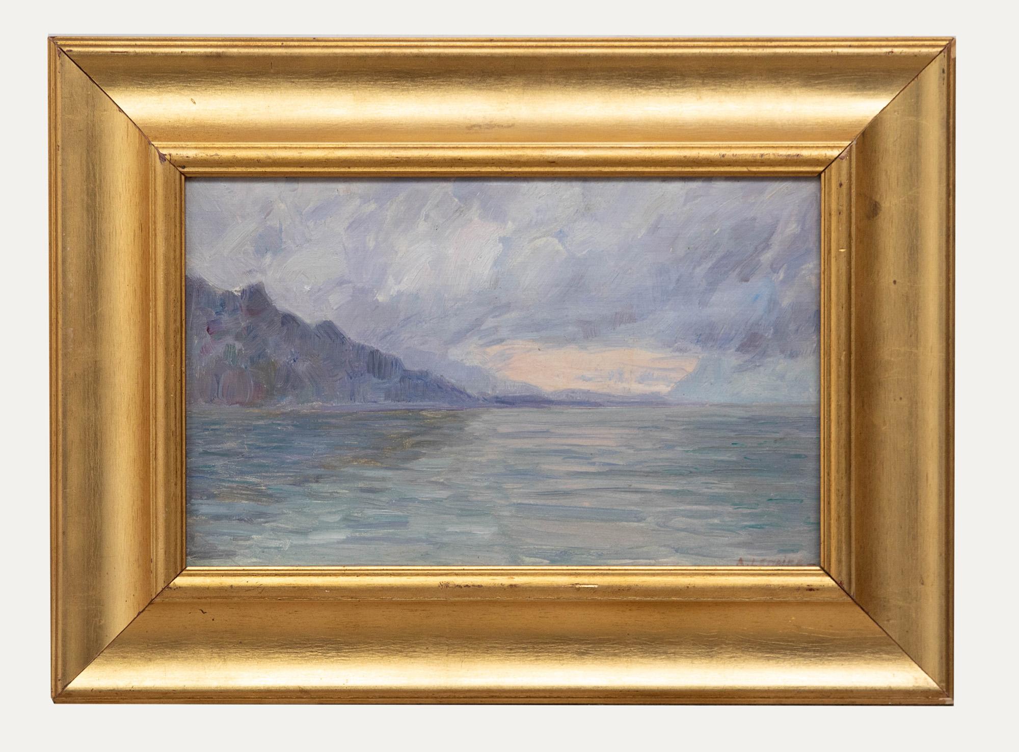 Landscape Painting Unknown - A. Lemaire - Milieu du XXe siècle Huile, Coucher de soleil sur le lac