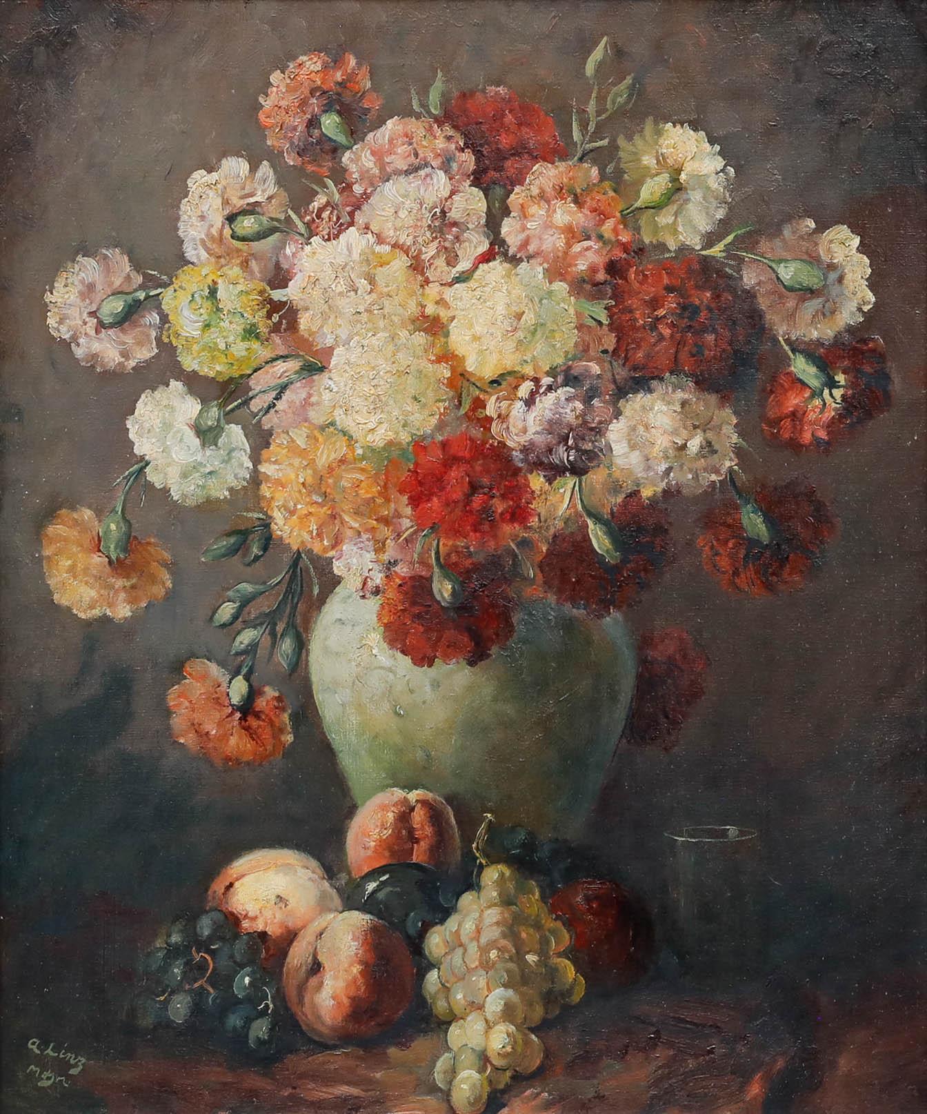 A. Linz - Olio della metà del XX secolo con cornice, Natura morta di dalie - Painting di Unknown