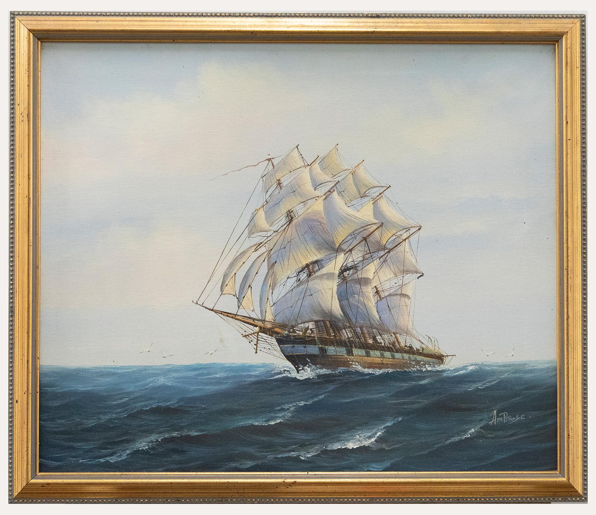 Figurative Painting Unknown - A. M. Bruce - 20e siècle, huile, Frigate at Sea