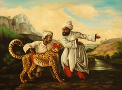 A Magnificent Orientalist Oil on Canvas Painting "Escorting The Cheetah"