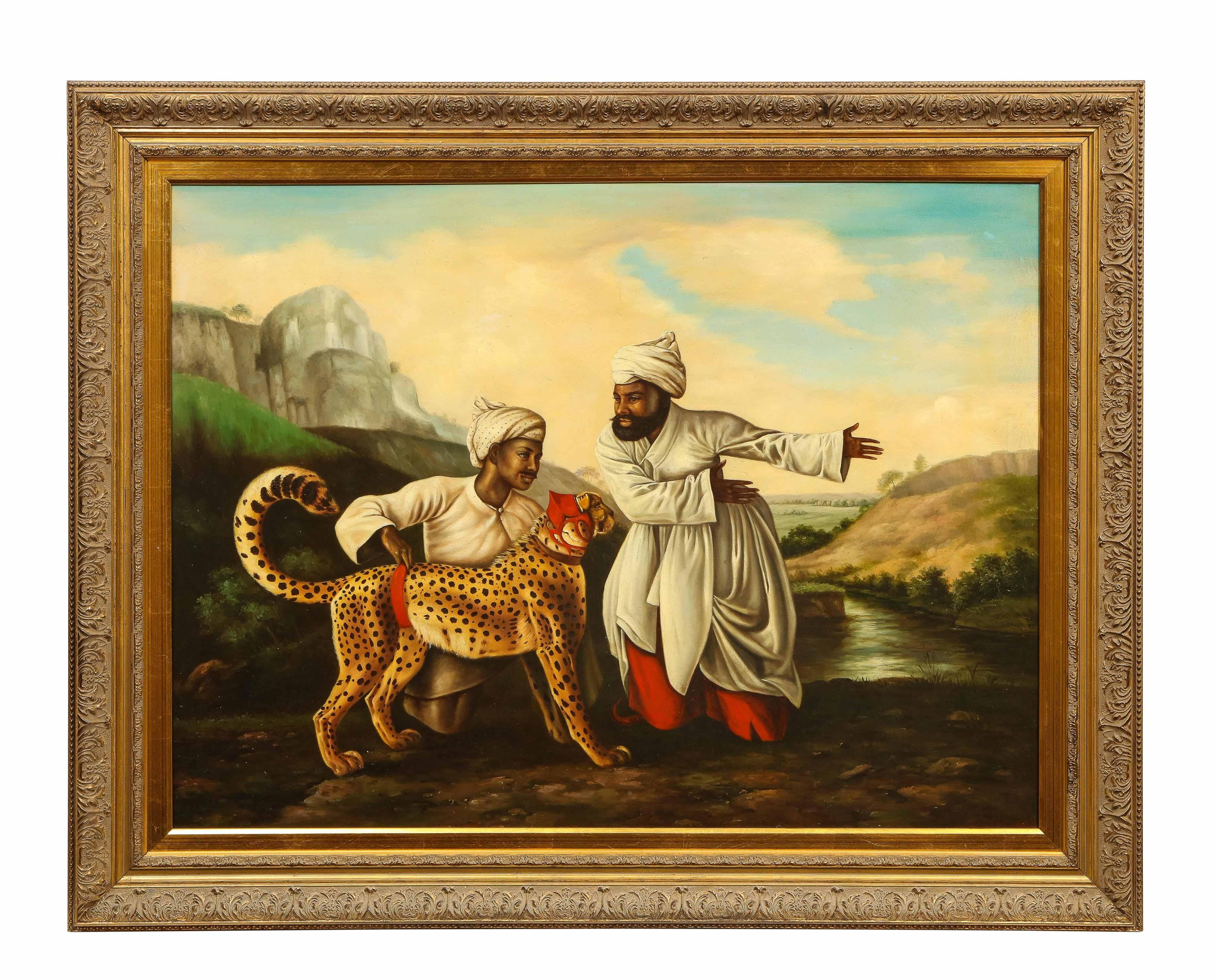 Unknown Figurative Painting - A Magnificent Orientalist Oil on Canvas Painting "Escorting The Cheetah"