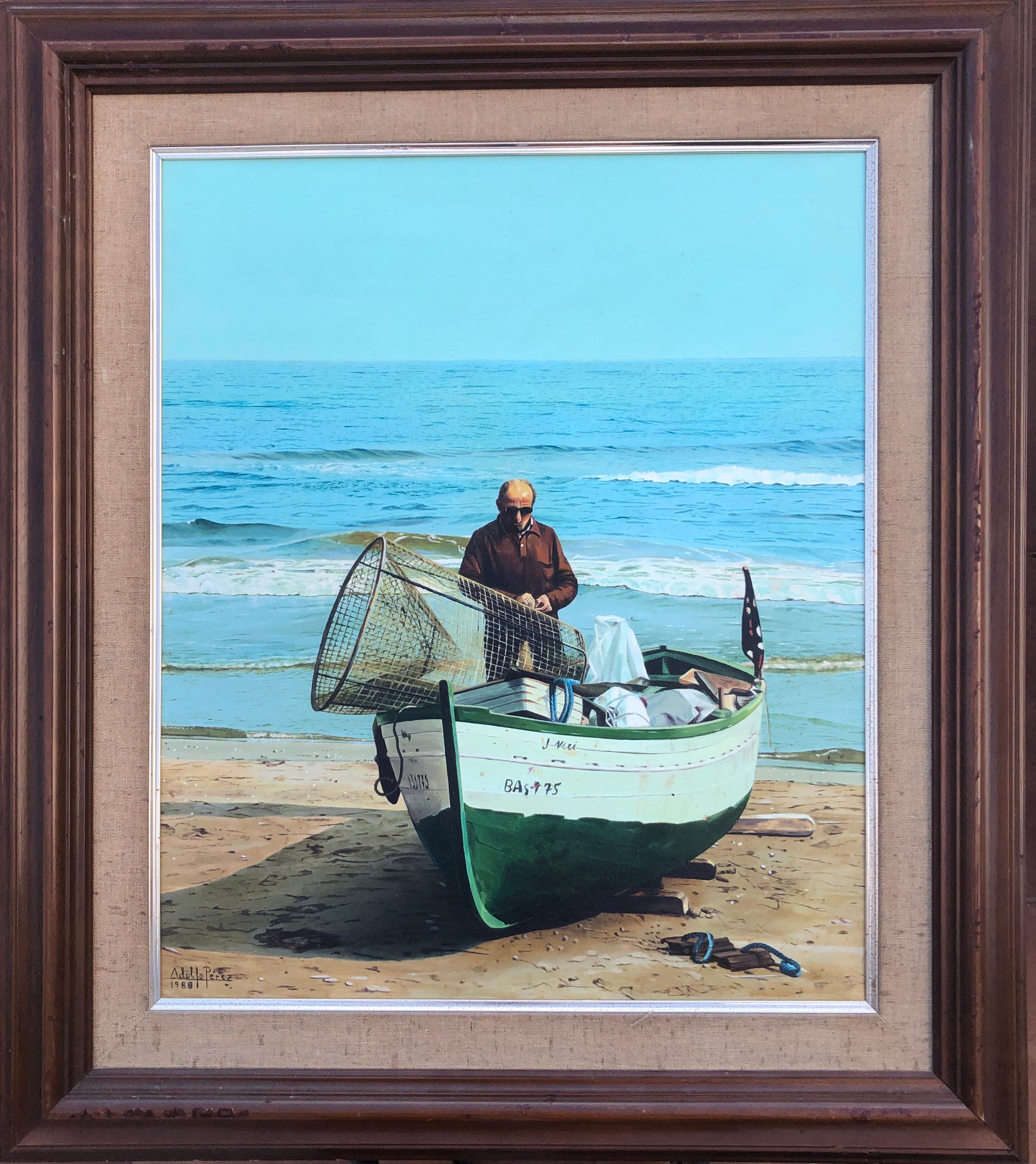 A man and his boat Spain oil on canvas painting seascape beach - Painting by Unknown