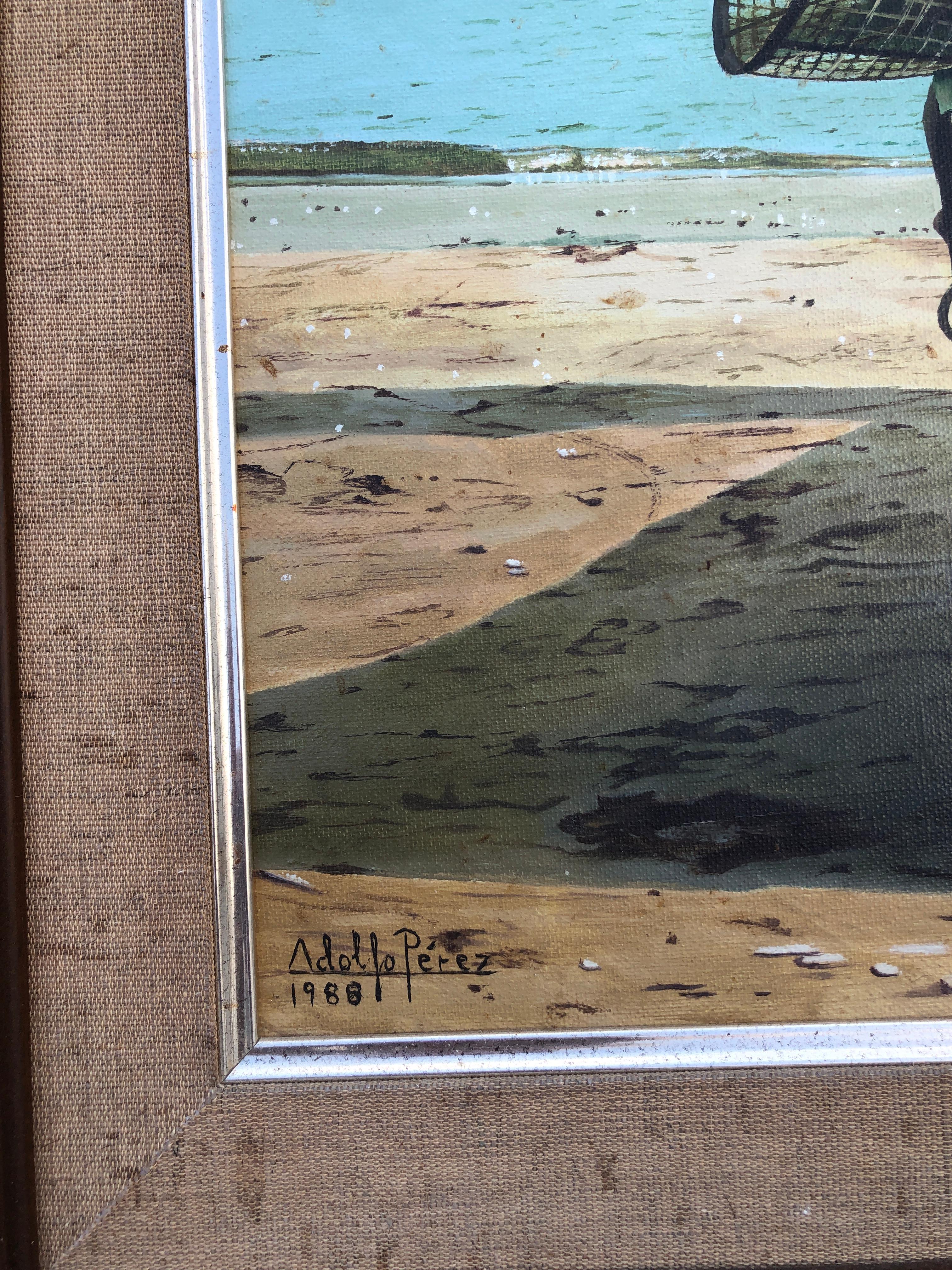 A man and his boat Spain oil on canvas painting seascape beach - Photorealist Painting by Unknown