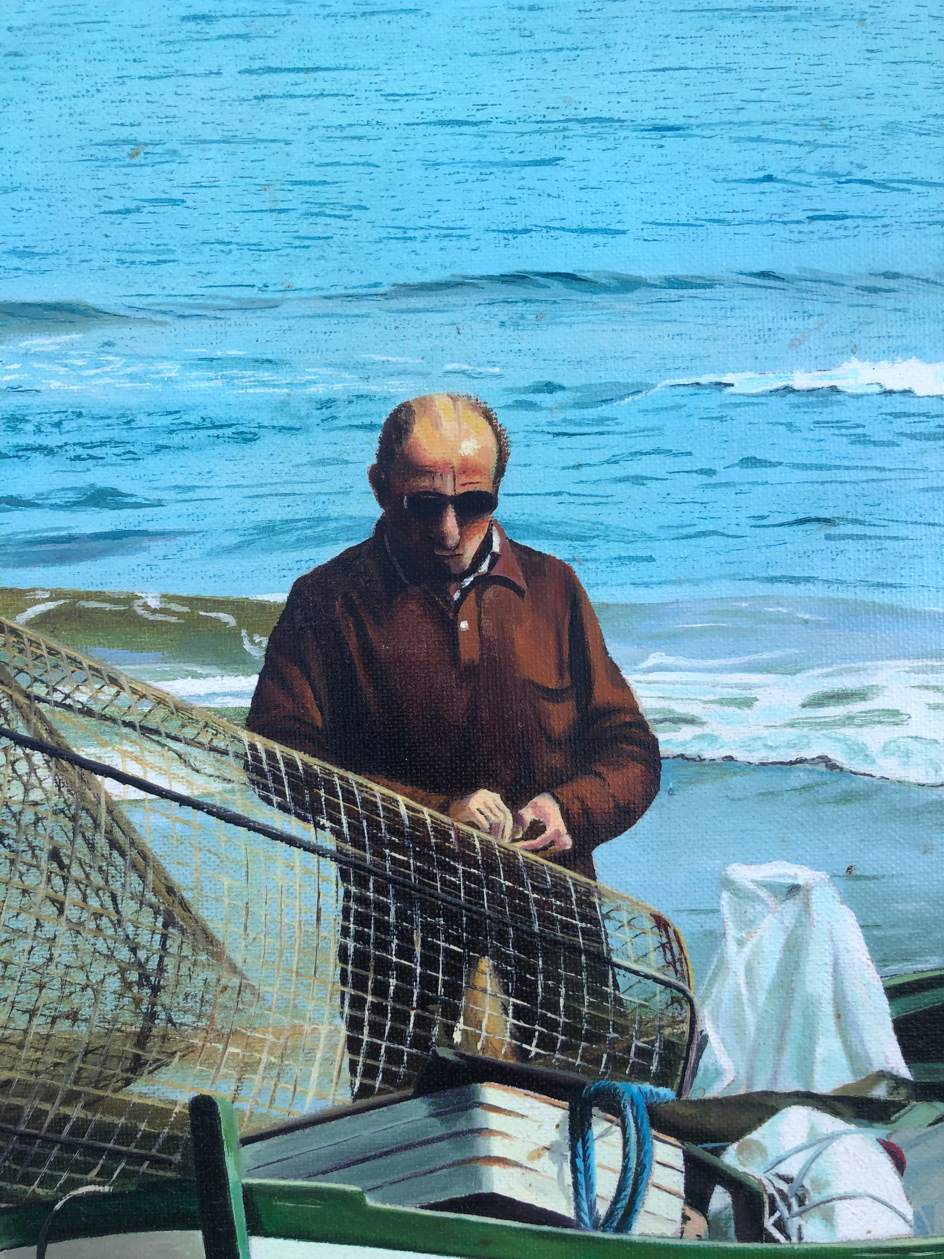 A man and his boat Spain oil on canvas painting seascape beach - Blue Figurative Painting by Unknown