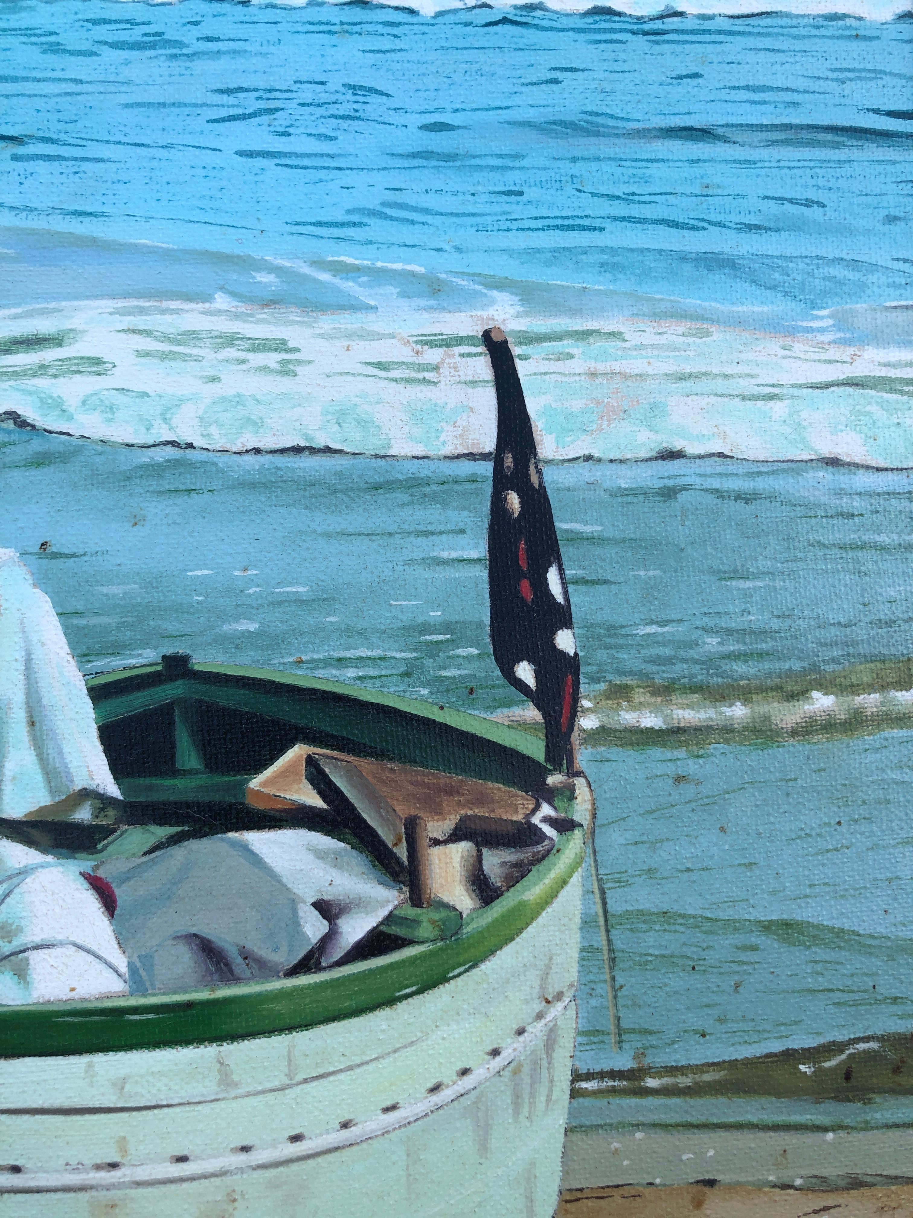 A man and his boat Spain oil on canvas painting seascape beach For Sale 1