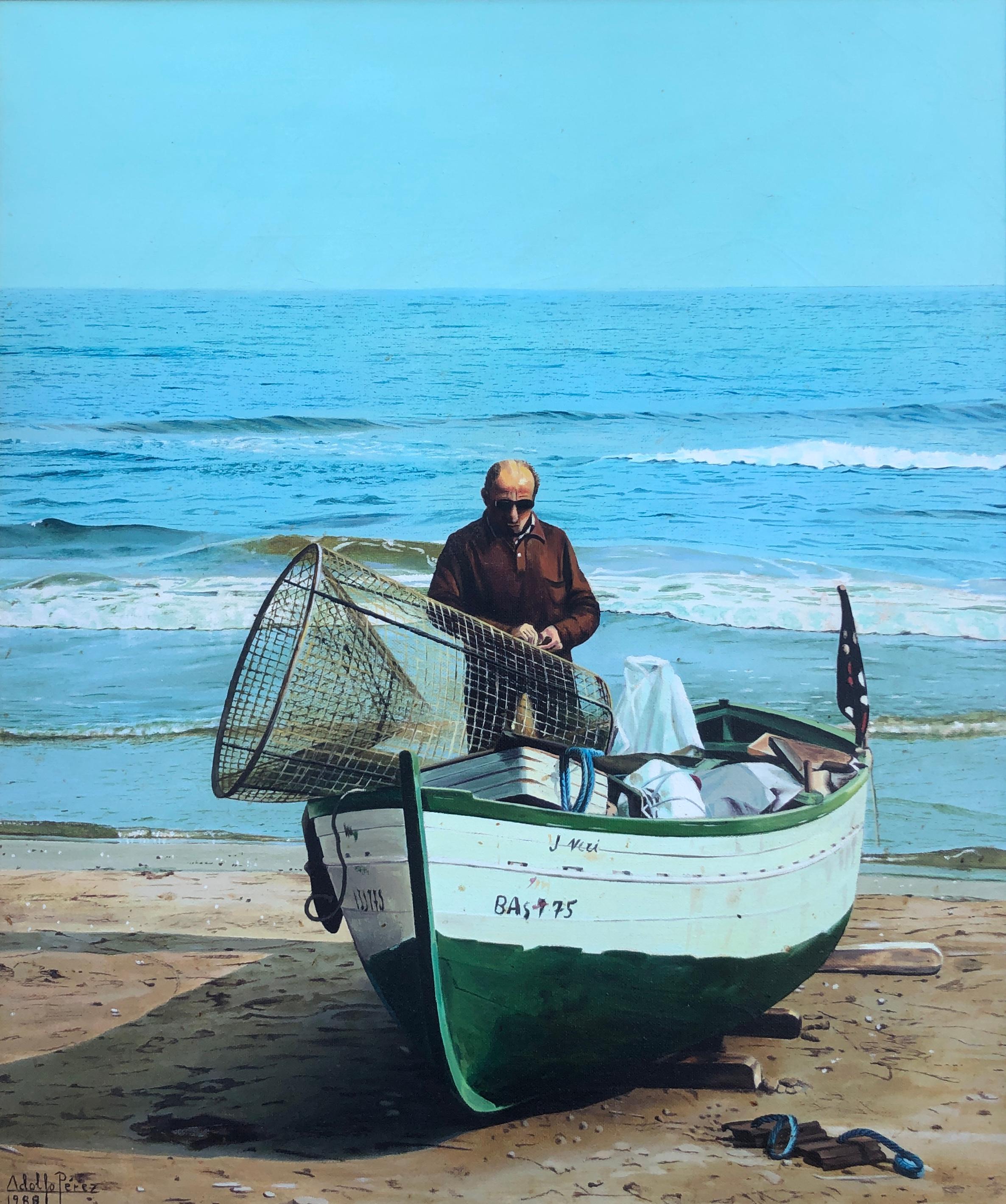 Unknown Figurative Painting - A man and his boat Spain oil on canvas painting seascape beach
